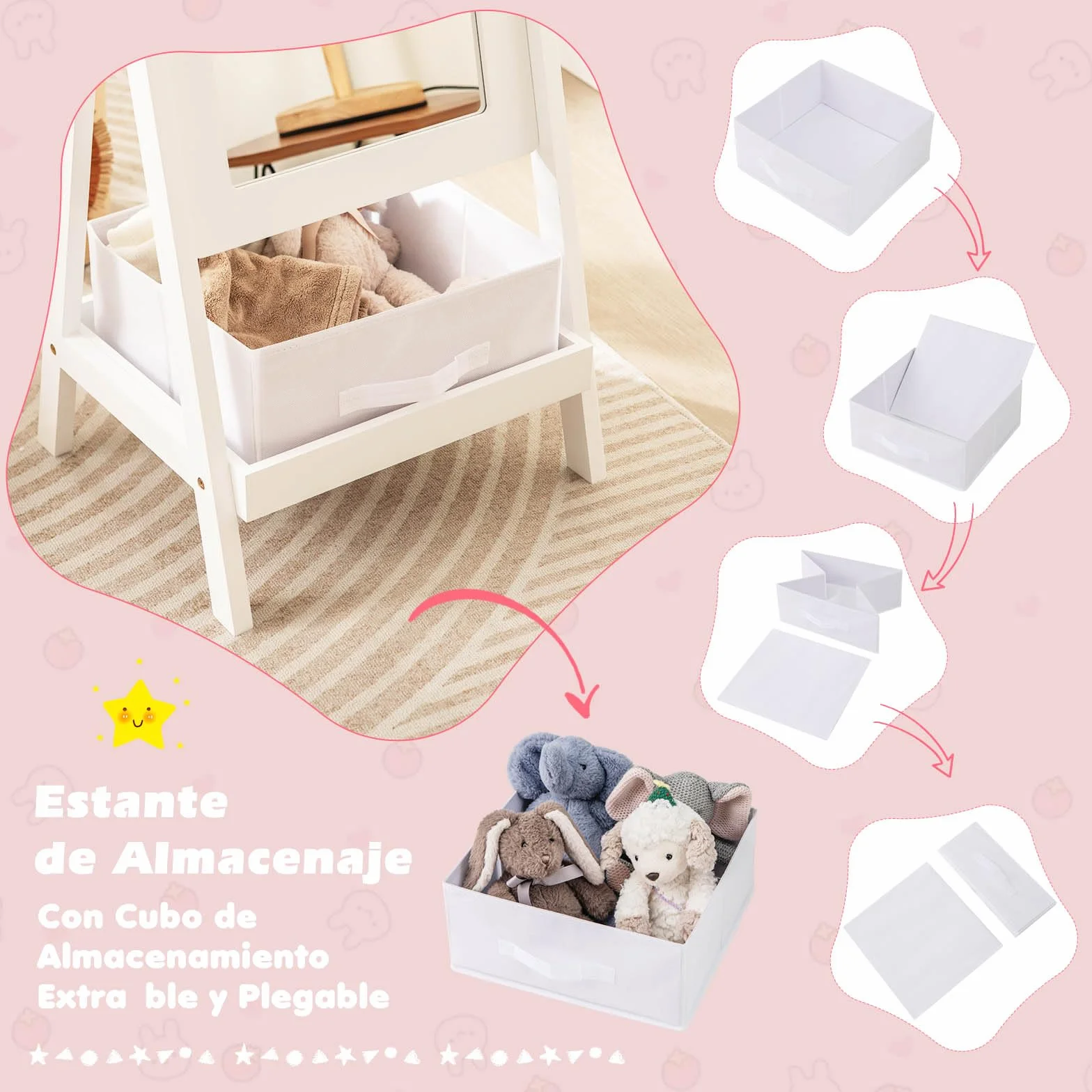 GOPLUS Espejo de Cuerpo Entero para Niños con Ángulo Ajustable, Estante de Almacenamiento y Contenedor de Tela, Pie para Dormitorio Infantil