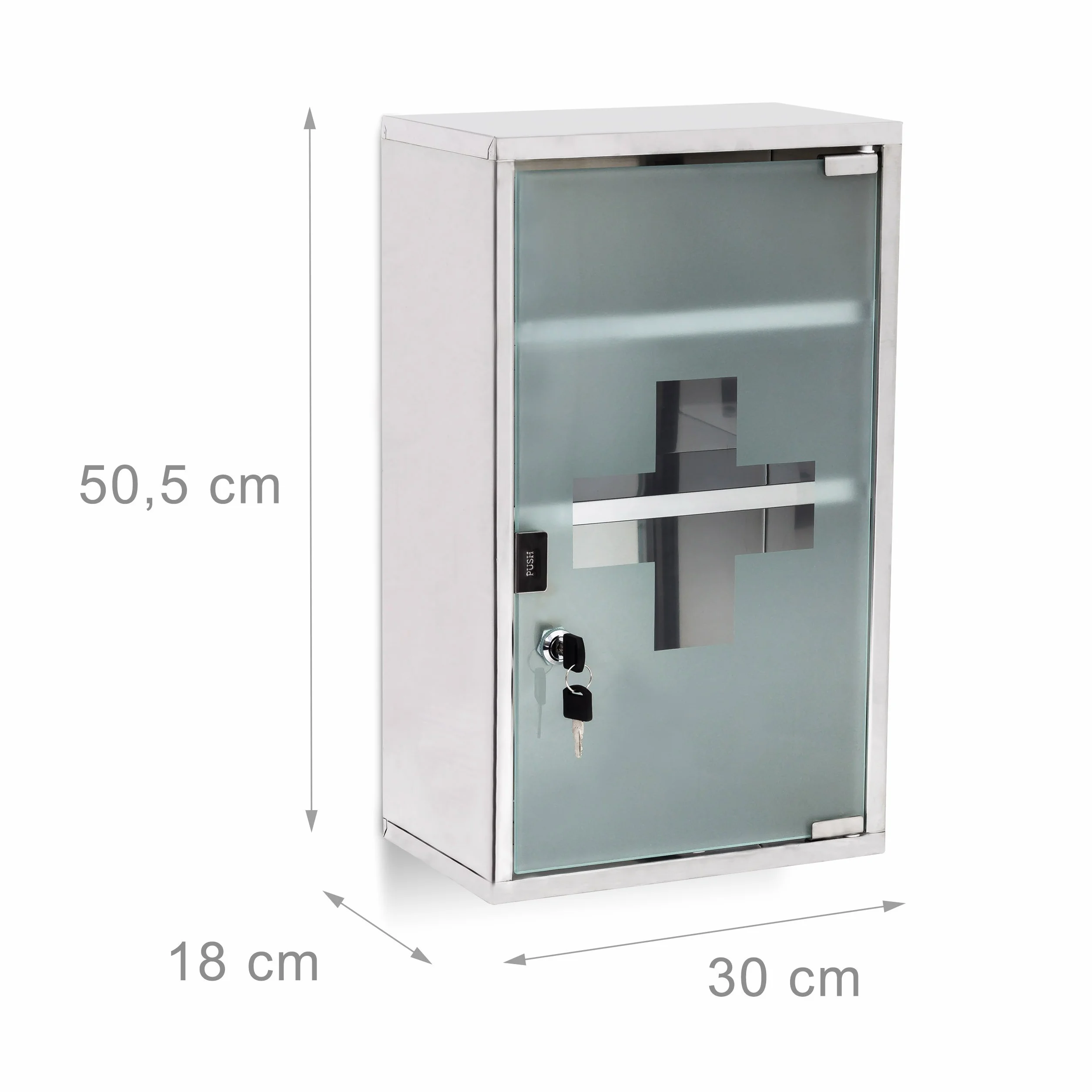 Relaxdays Armario Botiquín XL 50,5x30x18 cm Puerta Vidrio con Llave 3 Repisas Plateado