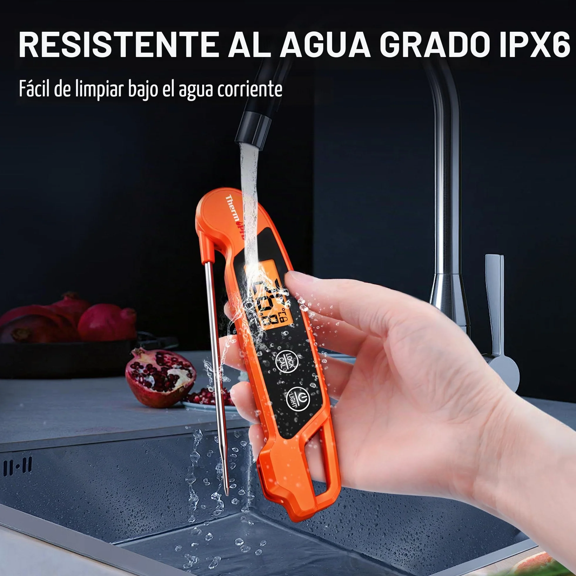 ThermoPro TP603 Termómetro de Cocina Digital, Termómetro Carne Lectura Instantánea, IPX6 Impermeable, Pantalla LCD Retroiluminada, Sonda Plegable para BBQ, Parrilla, Horno, Aceite, Caramelo(Naranja) | Termómetro de cocina LCD de lectura inmediata con retr