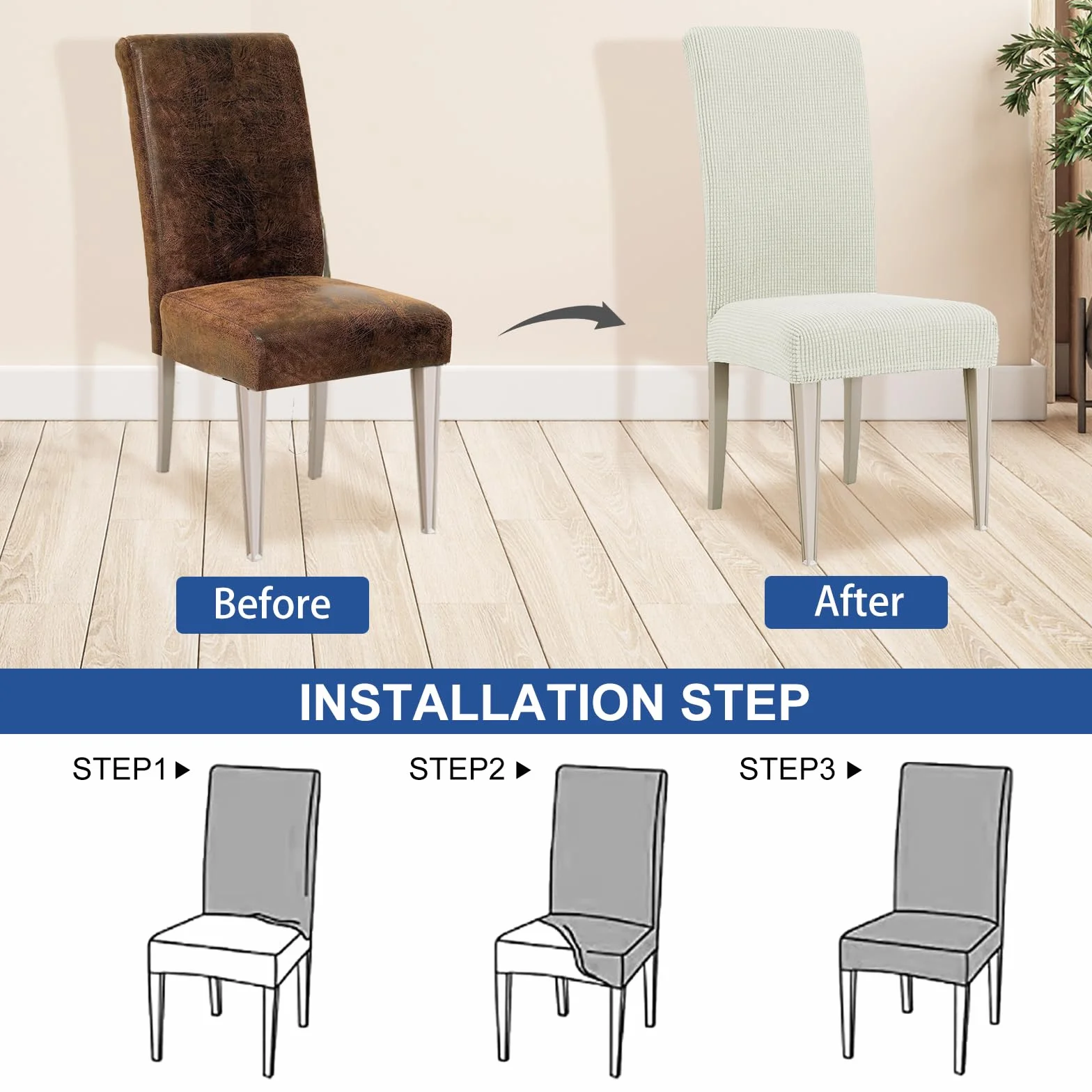 Ystyle Fundas Sillas De Comedor Pack 6, Fundas para Sillas Ajustables Elásticas Protectoras Lavables Blanco Natural
