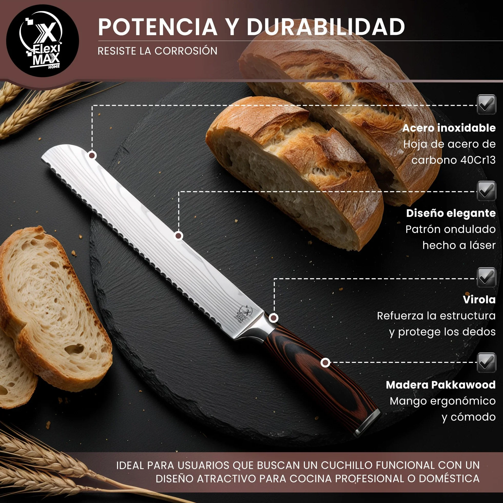 Cuchillo de Pan Profesional 20 cm Cuchillo de Sierra para Pan Crujiente y Baguette Cuchillo de Cocina de Acero Inoxidable con Mango de Madera Ergonómico Cuchillos cocina Profesional