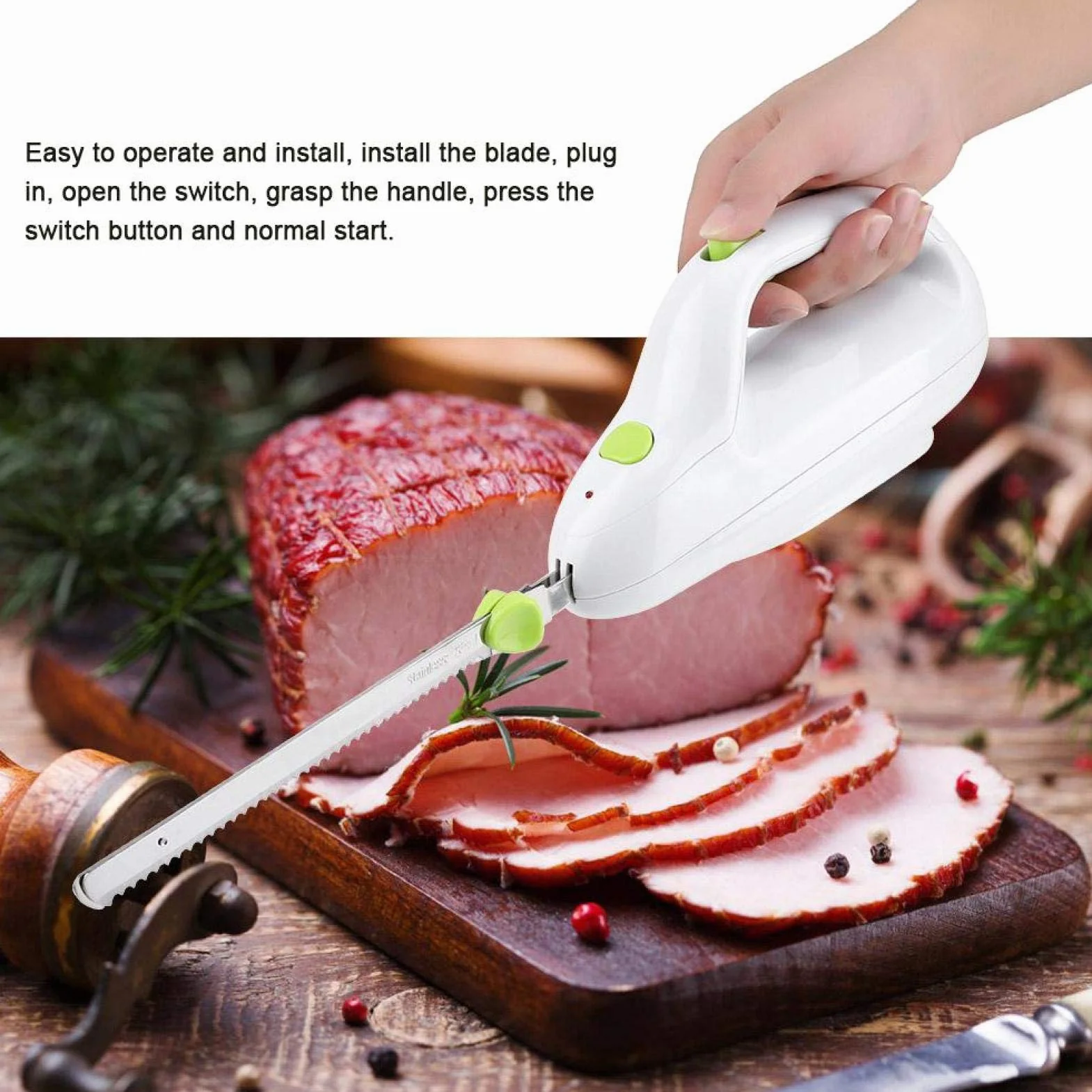 Brrnoo Cuchillo de Pan Eléctrico, Cuchillo Eléctrico para Carne Congelada, Cuchillo Electrico Cocina Acero Inoxidable, para Cortar Carne, Jamonero, Pan, Queso, Verduras y Frutas,