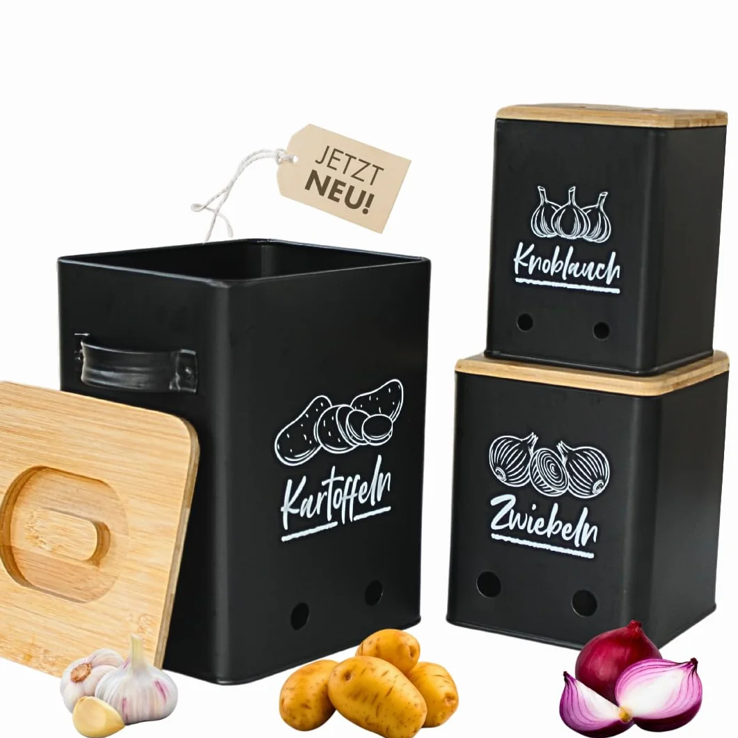 Caja de almacenamiento para patatas [juego de 3] – Un verdadero punto de atracción en tu cocina. Crea orden con este elegante juego de tarros y entusiastas amigos y familia... (negro)