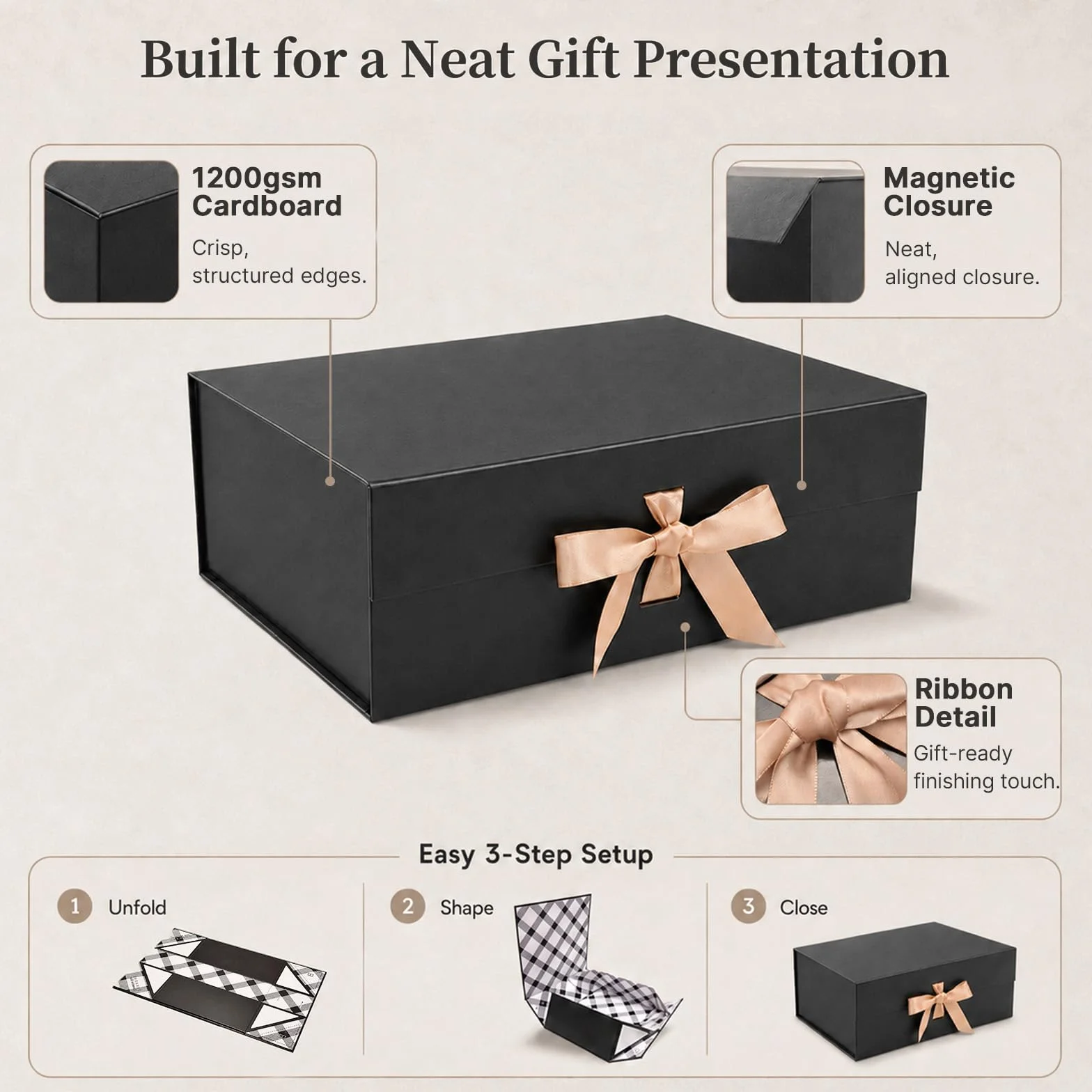 Tekhoho Caja de Regalos Grande Blanco 33.5x27x12.5 cm, Caja de Regalos Premium con Tapa MagnéTica y Cinta para Embalaje de Regalos de Bodas y CumpleañOs, Forro a Cuadros