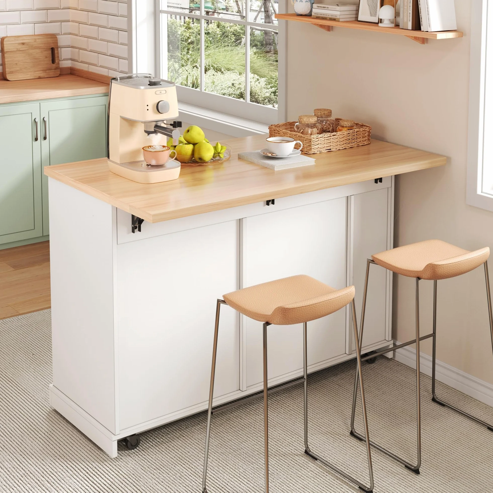Isla de cocina con encimera plegable, armario de basura y ruedas con bloqueo, estante para especias de 4 niveles, 2 cajones, 120 × 45 (70) × 93 cm, color blanco