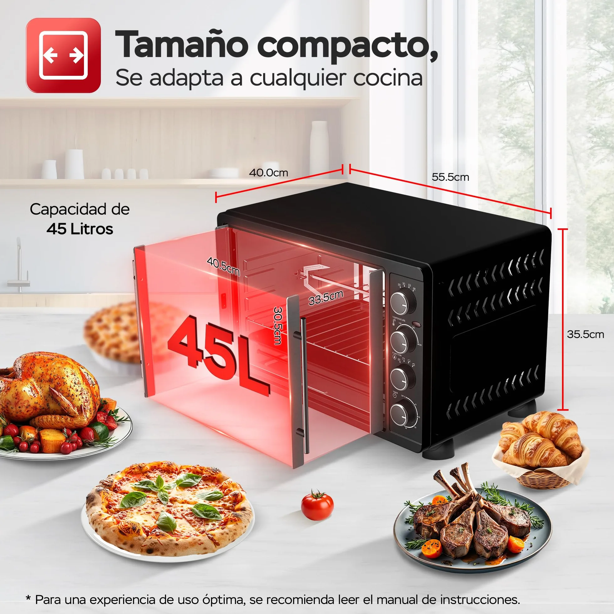 TurboTronic Mini horno con recirculación de aire 45L 2000W negro pincho giratorio temporizador