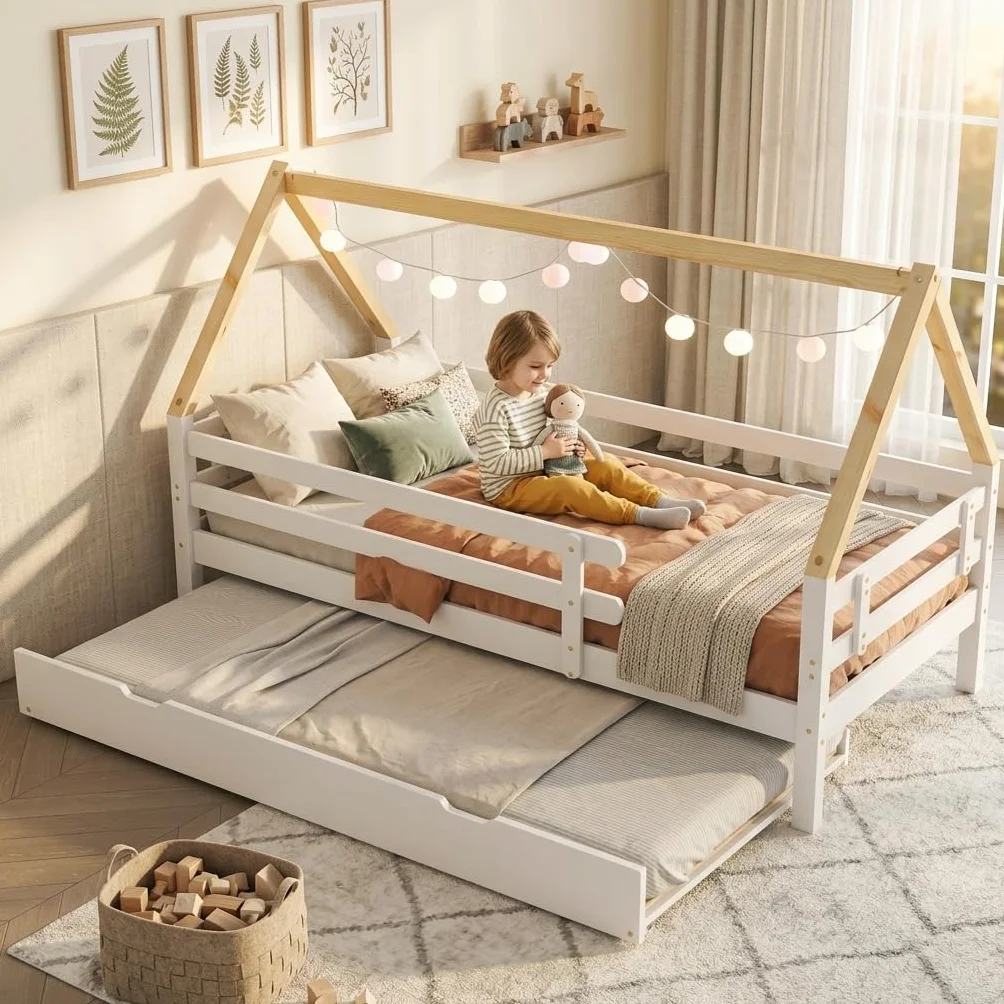 Lexiou Estructura Cama, Diseño Multifuncional con Brochadora，Cama Doble, 90 x 200 y 90 x 190 cm，Apto para Niños o Adolescentes.