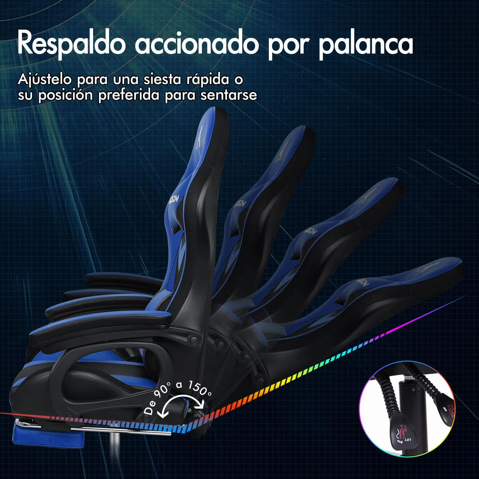 ALFORDSON Silla Gaming Ergonómica con Masaje LED y Reposapiés Telescópico, Cuero PU Azul