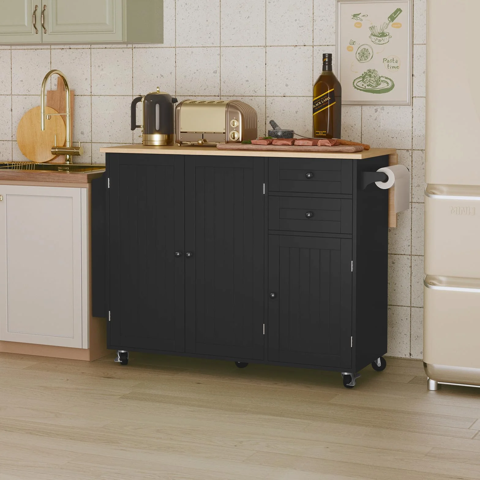 HOLTICO Isla de Cocina sobre Ruedas,Mueble de Cocina con Encimera Extensible de Caucho,3 Estantes Regulables y Especiero de 3 Niveles,para Comedor y Sala de Estar,128x46x91cm,Negro