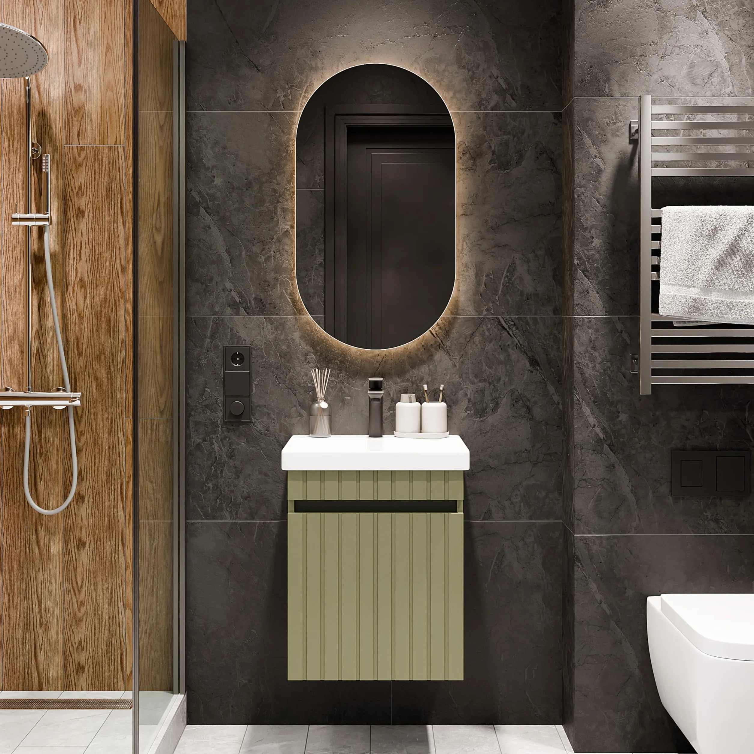 Planetmöbel Cosmia - Set de muebles de baño con lavabo y armario bajo 50 x 60 x 35 cm, color verde menta, grifo de baño negro, lavabo de cerámica con puerta