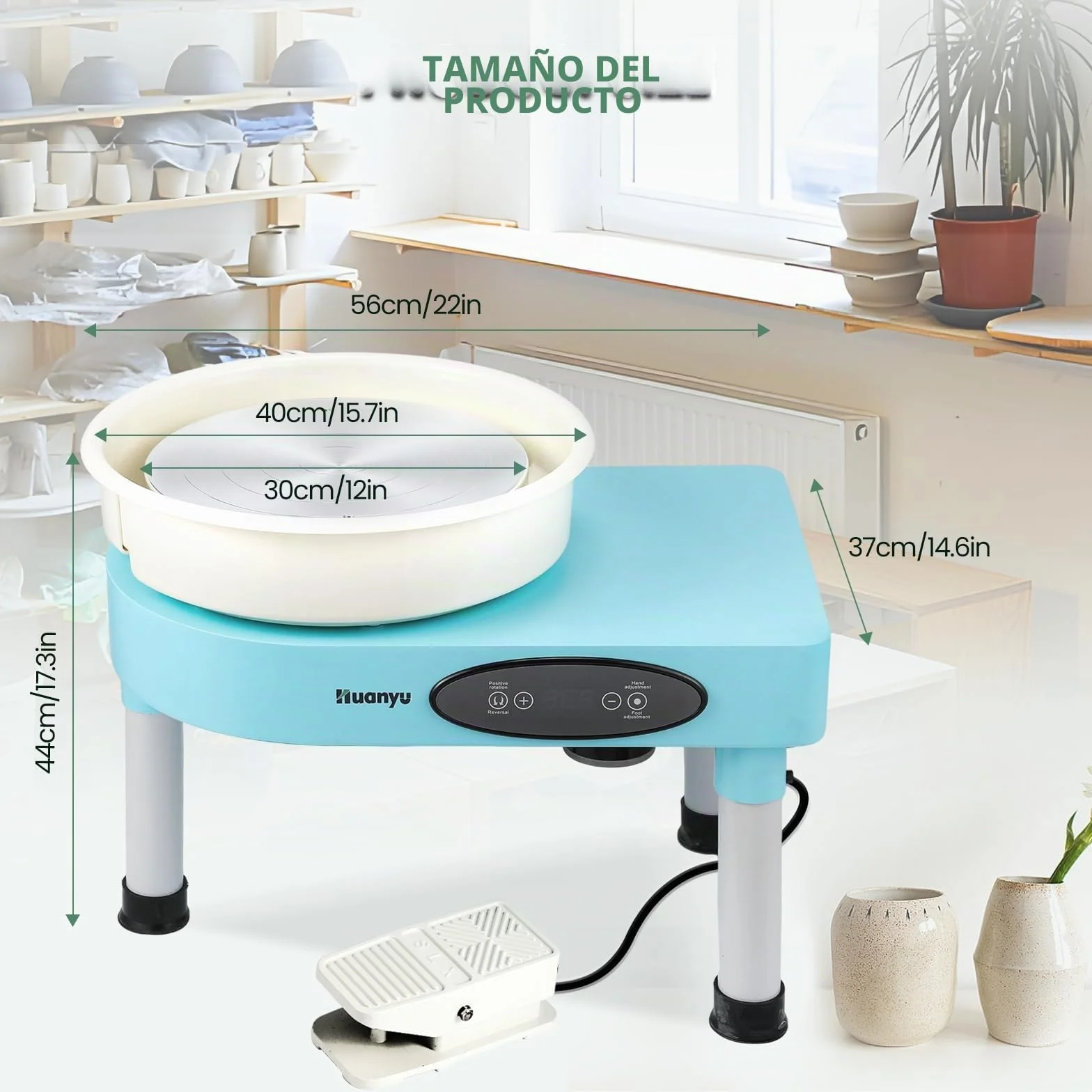 Huanyu Volante de Alfarería de 30cm con Patas Ajustables y Pedal 350W Máquina Eléctrica de Cerámica con Cubeta Desmontable 0-320RPM Máquina Formadora de Cerámica con Kit de Herramientas de Alfarería