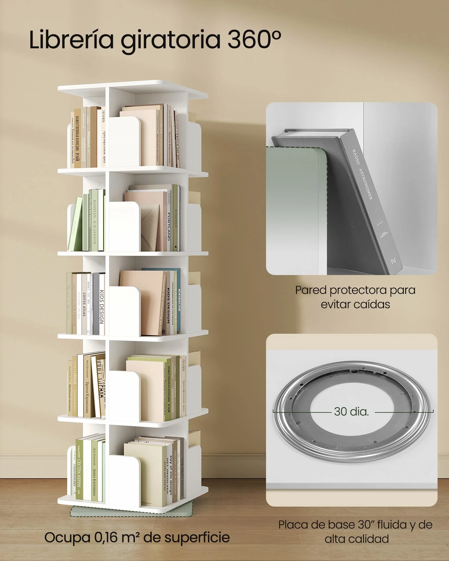 EUGAD Estantería para Libros, Libreria Giratoria 5 Niveles, Estantería Alta de Pie, Libreria Madera de Estudio y Biblioteca, Blanco