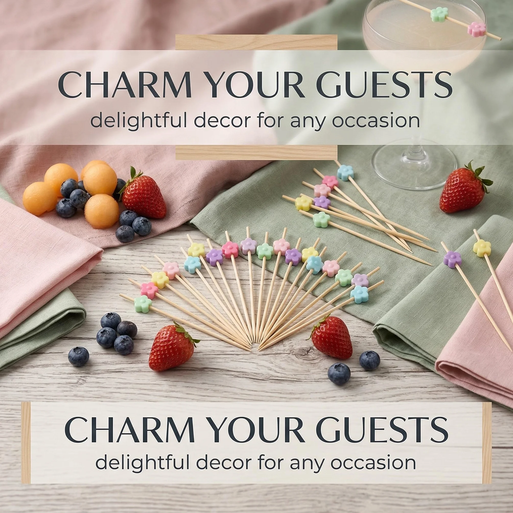 100 brochetas de bambú para fruta, palillos de cóctel, diseño floral rosa de 12 cm, adecuadas para fiestas, bufés y decoración de frutas y postres.