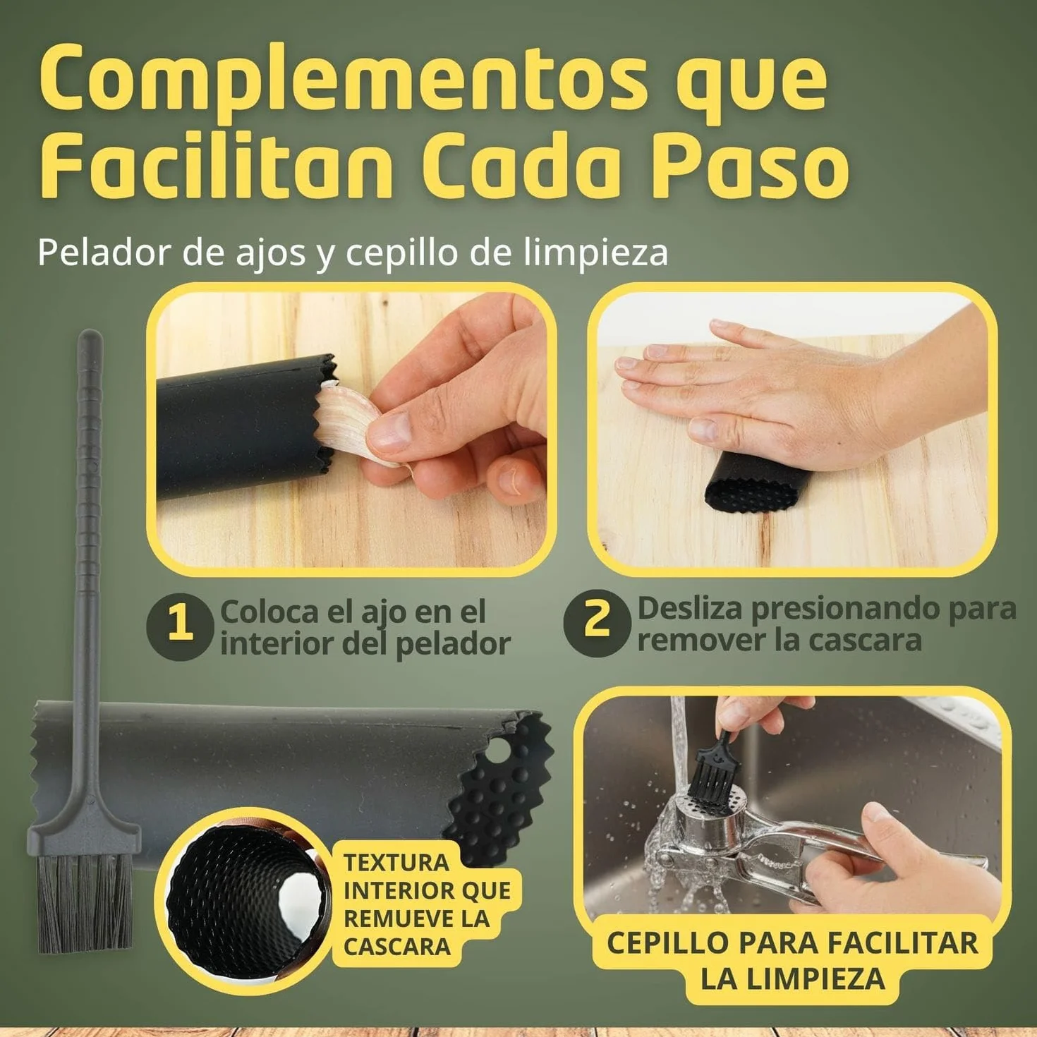 Prensa de Ajo Multifunción Acero Inoxidable Picadora Manual Triturador Pelador Ajos Cepillo Limpieza Cascanueces Escamador Abridor Botellas
