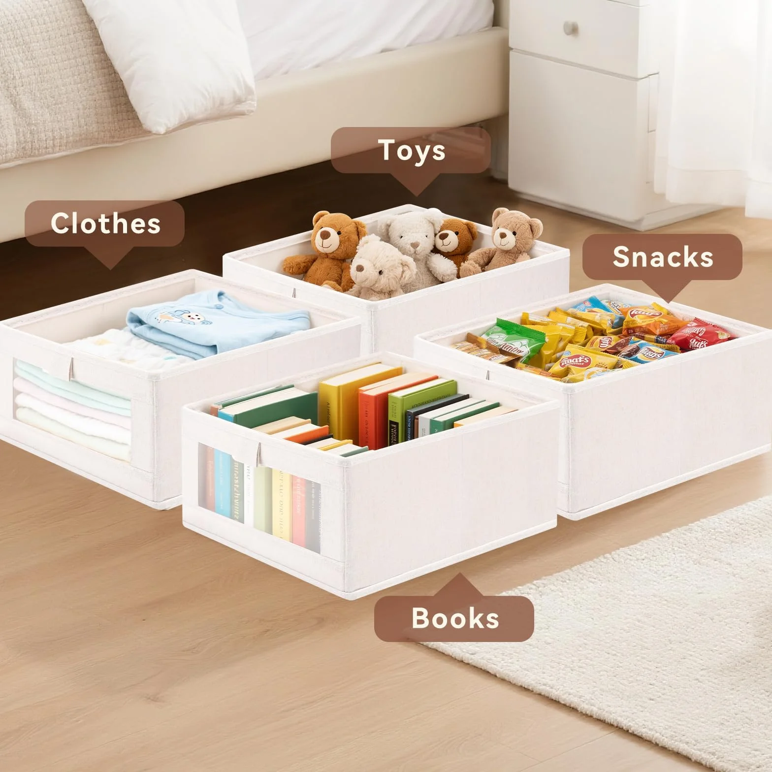 Caja de almacenamiento,juego de 3 Organizadores Plegables,Cestas de Tela con ventana transparente para armario,Organizador Armario, para Ropa, libros, Dormitorio, Estanterías,40 x 27 x 17 cm