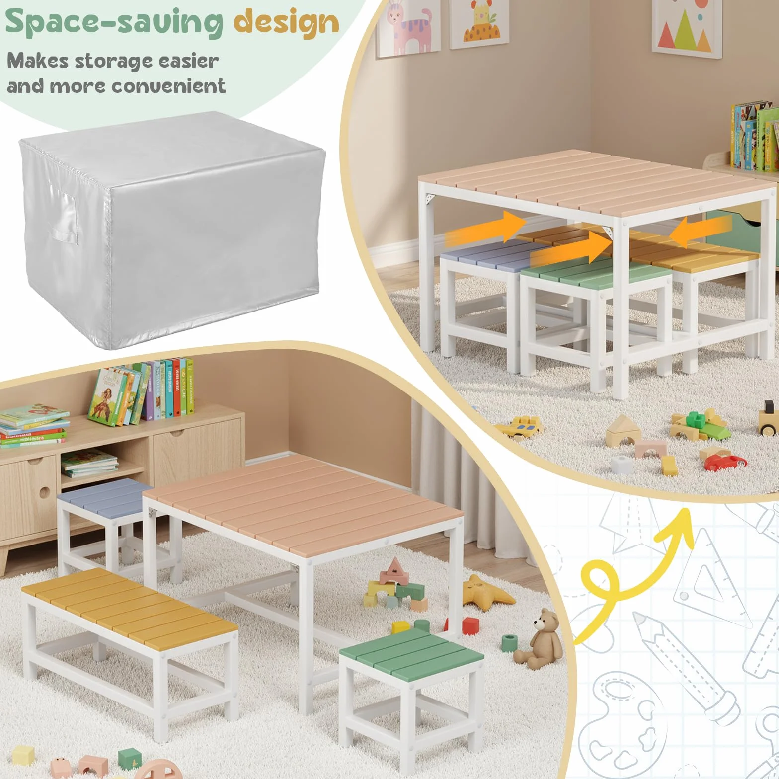 MAMIZO Mesa y Sillas de Terraza Infantiles de Madera con Cubierta Impermeable, 2 PCS Taburetes para Niños 3+