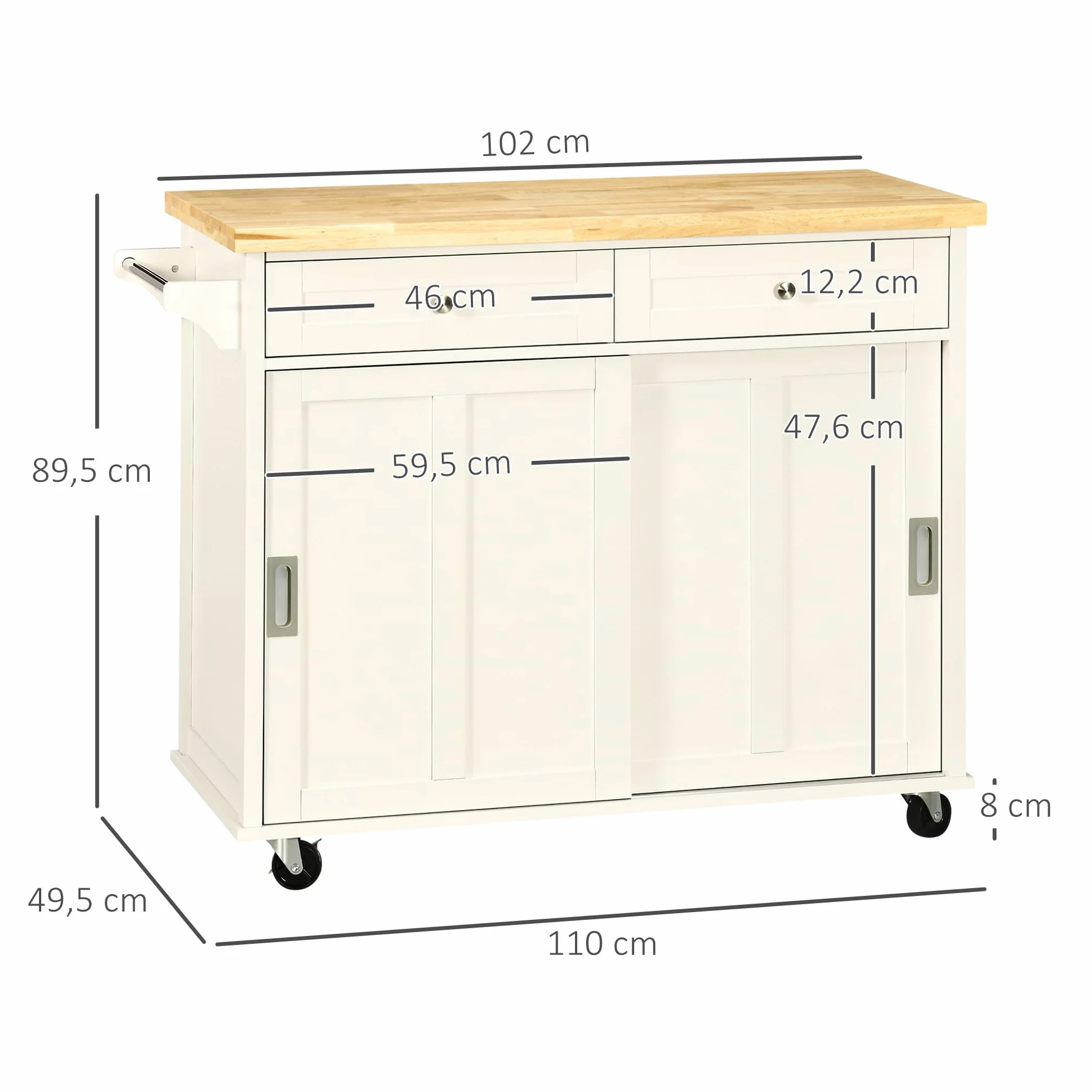 HOMCOM Carrito de Cocina Isla de Cocina Multifuncional con 4 Ruedas 2 Puertas Correderas 2 Cajones Estantes Ajustables y Barra de Colgar para Comedor Sala 110x49,5x89,5 cm Crema