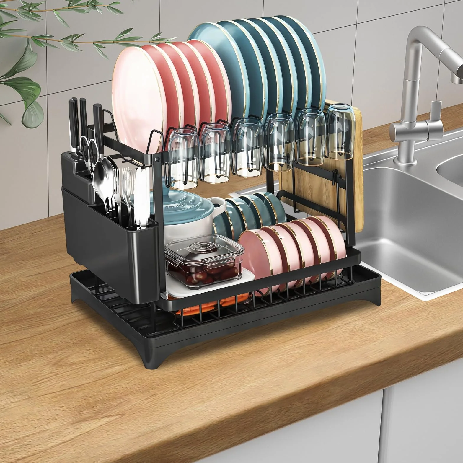 Escurridor de Platos, Soportes para Platos de 2 Niveles, con Drenaje Automático, Soporte para Utensilios, Estante de Dish Escurreplatos Cocina, 42×29×29cm, Negro