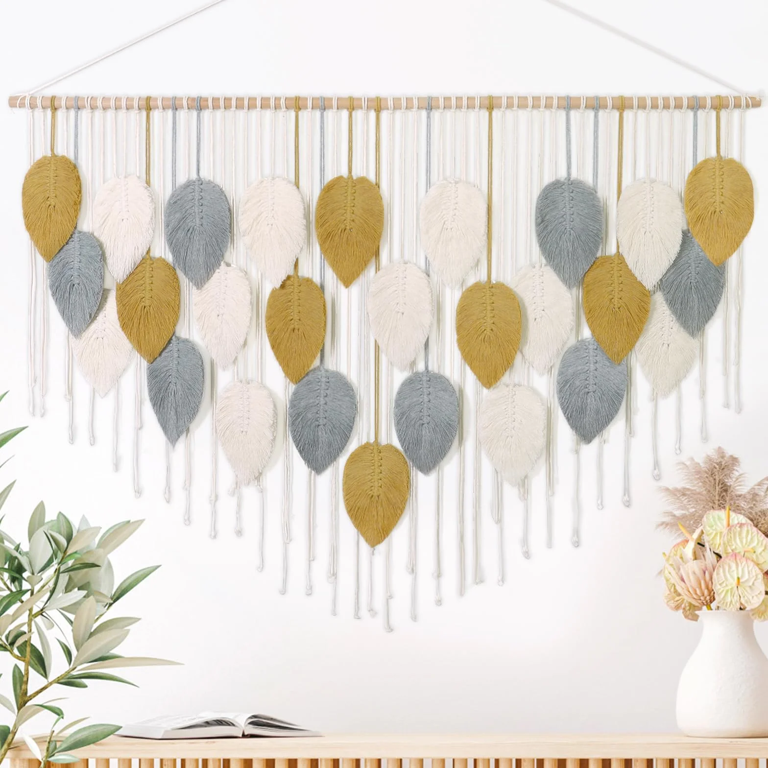 Macramé Tapiz Grande Tejido Boho Hoja Decoración de Pared 130 cm Amarillo