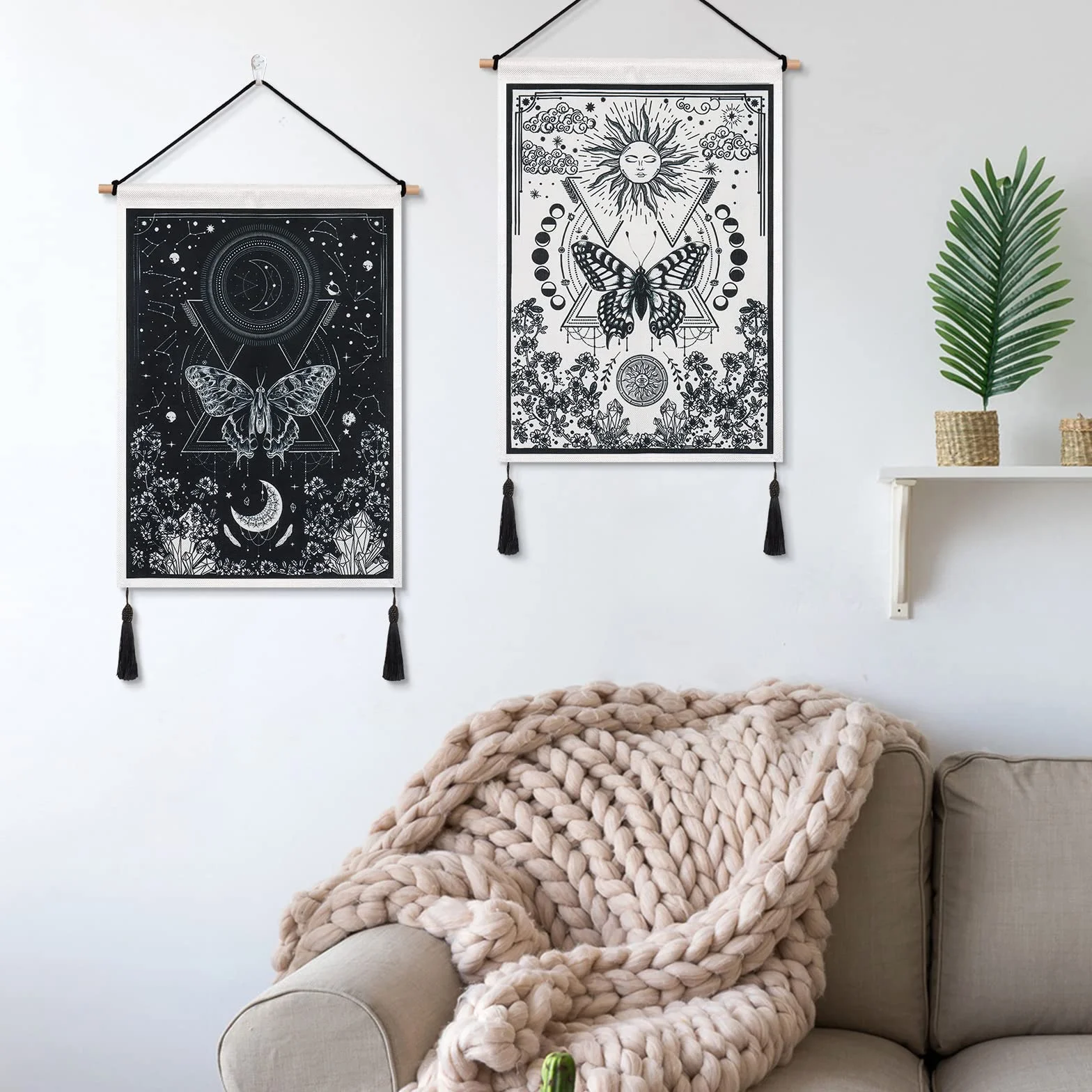 Betylifoy Paquete de 2 Tapices de Luna y Sol con Borlas Tarot para Colgar en la Pared Tapiz de Pancarta Tapiz Negro Decoración de Pared Bohemia para Dormitorio Sala de Estar (Eclipse lunar)