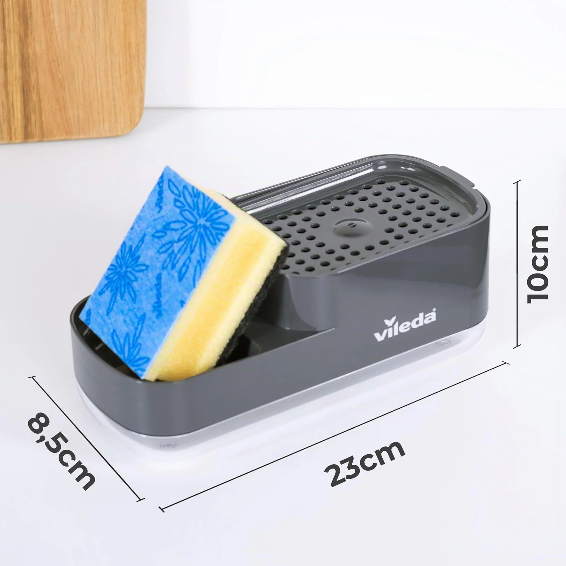 Vileda Dispensador de jabón para lavavajillas Pump con Soporte para Esponja. Práctica solución 2 en 1 para la Cocina. Dispensador de jabón Integrado para una fácil dosificación con una Sola Mano