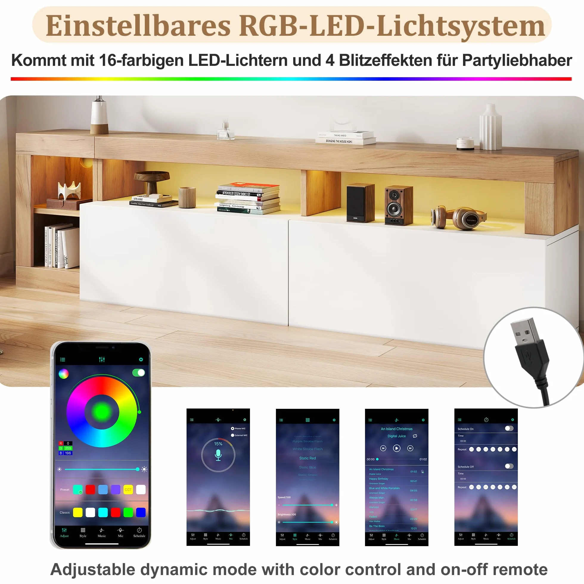Mueble de TV moderno para televisores de hasta 80 pulgadas, espacio de almacenamiento abierto con luz indicadora LED, adecuado para armario de dormitorio y sala de estar, marco de madera