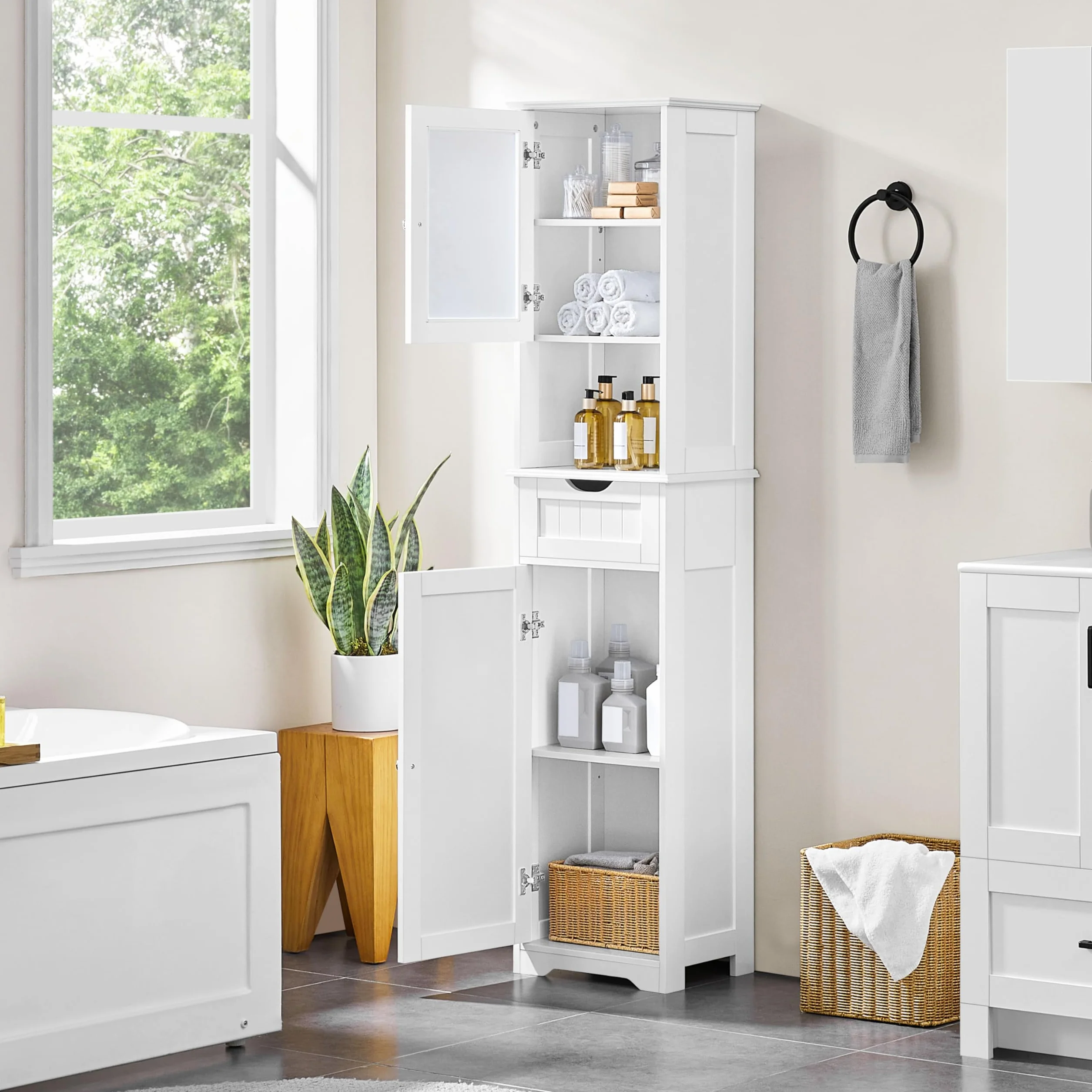 Yaheetech Armario Baño con Puerta de Cristal 40x30x170 cm Blanco