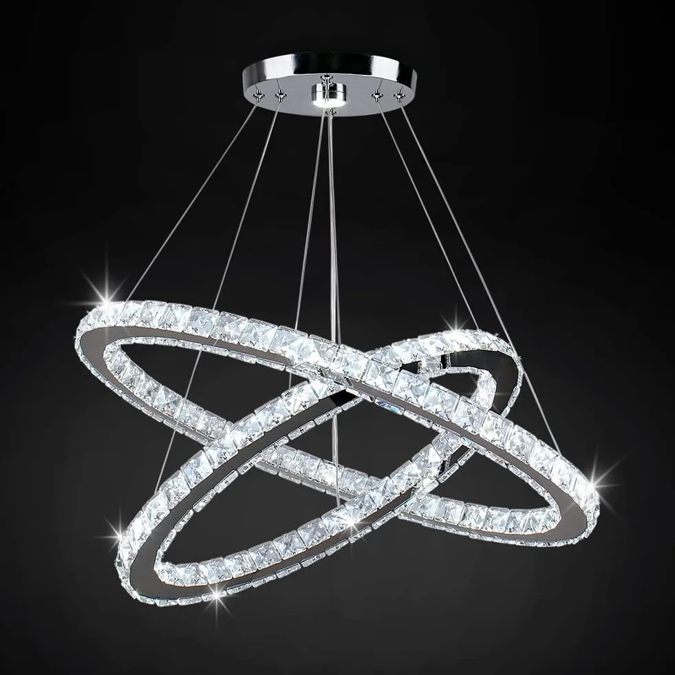 Finktonglan Candeliers de cristal Luz de colgante ovalado Moderno 2 anillos LED Forma ajustable, lámparas de iluminación colgante de 60 cm para dormitorio de comedor (6500k blanco)