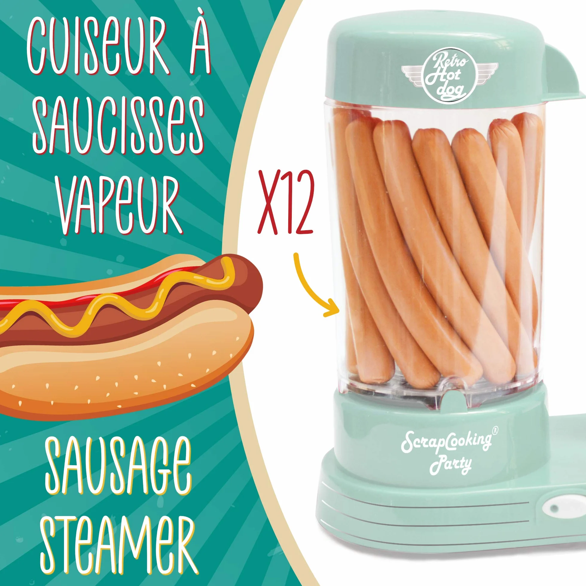 ScrapCooking - Máquina para Perritos Calientes - Máquina para Hacer Auténticos Hot Dogs U.S. - Capacidad para 12 Salchichas y 2 Panes - Estilo Retro Vintage para Fiestas, Barbacoas - Verde - 0601