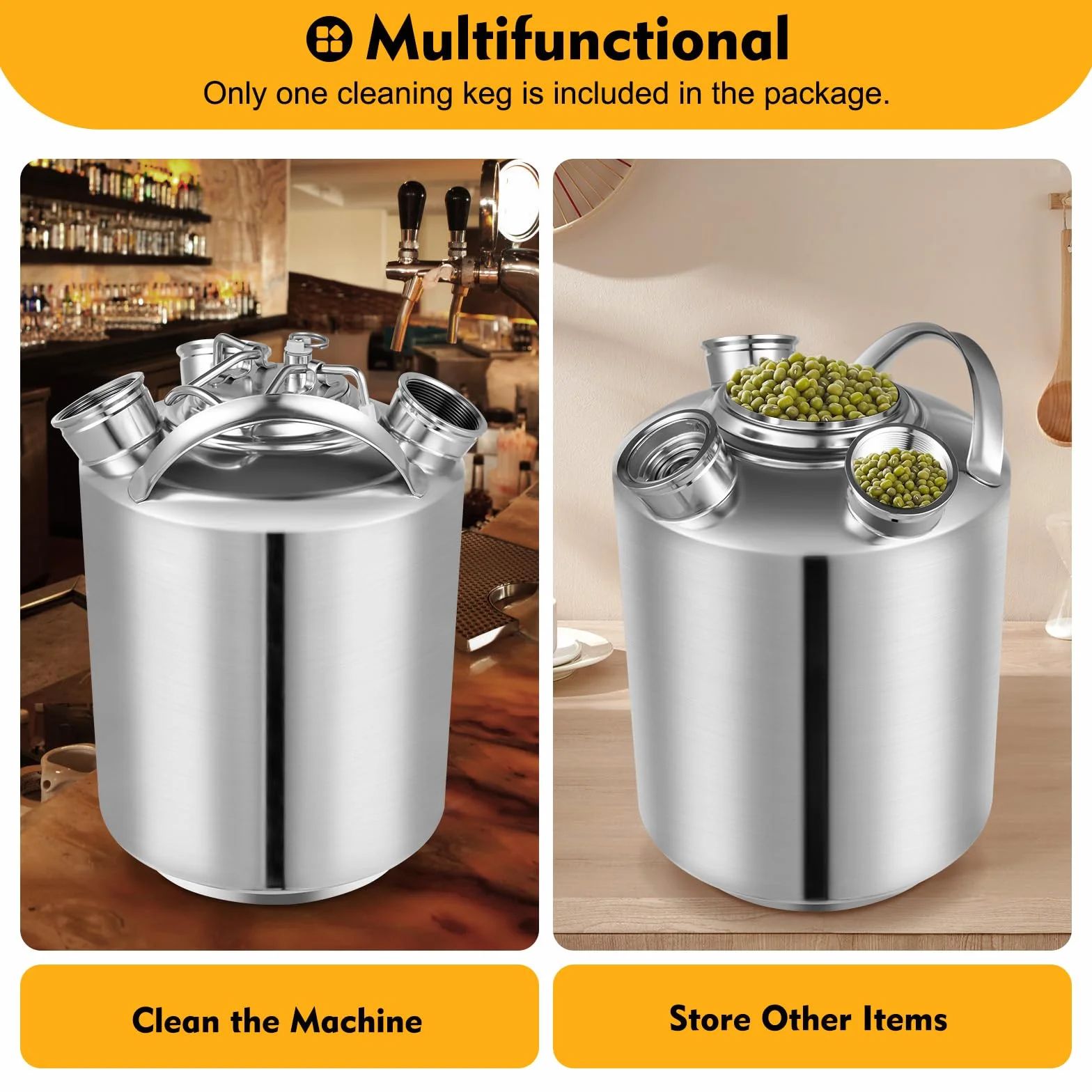 Depósito de limpieza de 10 l, 3 cabezales de acero inoxidable con tapa y anillo de sellado, barril de limpieza de cerveza de acero inoxidable 304 con asa para grifo de cerveza, limpieza de