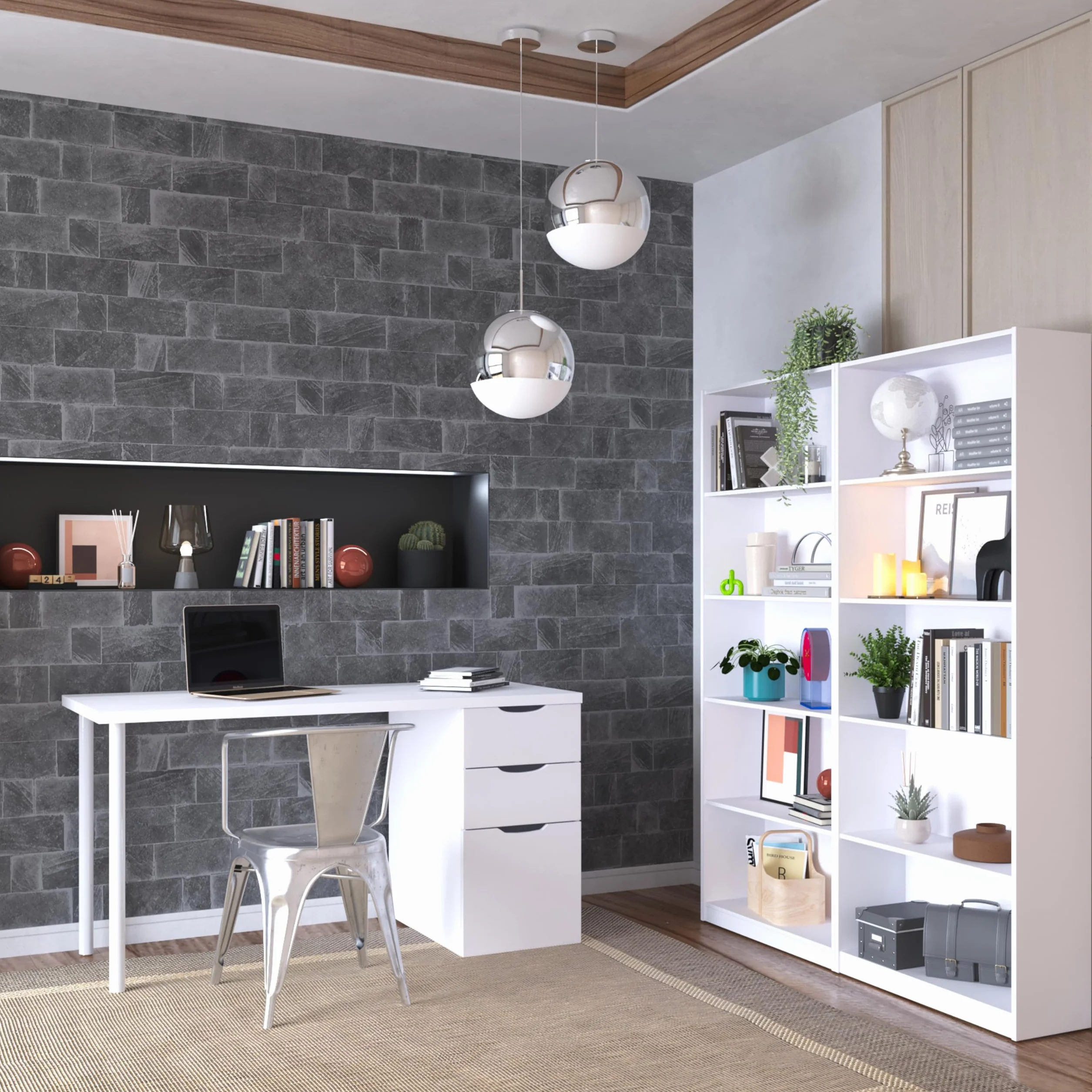 duehome | Mesa Ordenador Reversible con 2 Cajones y 1 Puerta, Mesa Despacho, Escritorio, Modelo Luma, Acabado en Color Blanco Artik, Medidas: 138 cm (Ancho) x 60 cm (Fondo) x 74 cm (Alto)