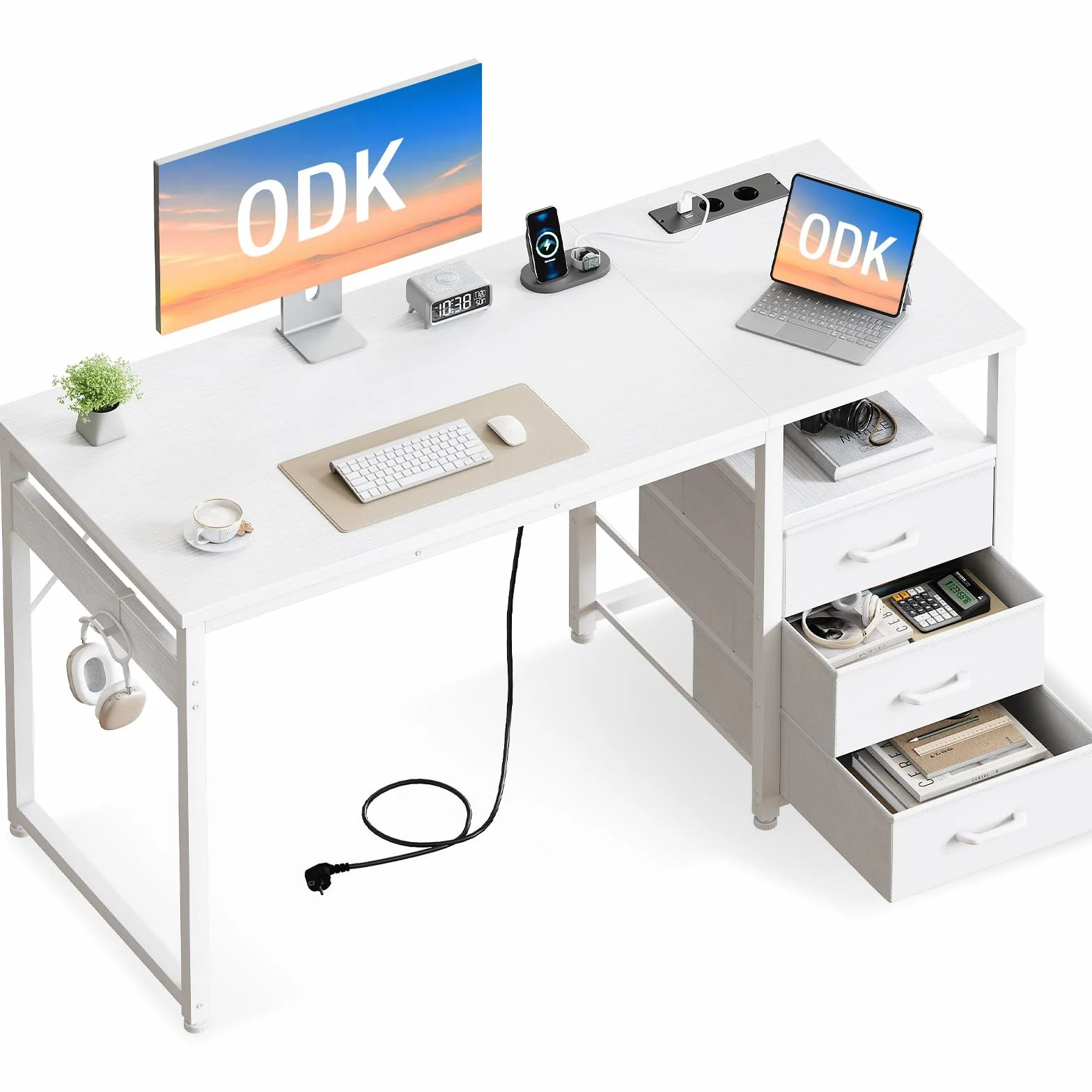 ODK Escritorio con 3 Cajones de Tela, 100x48cm Mesa de Ordenador con Estantes Escritorio Oficina con Puerto y Toma de Carga USB para Oficina, Salón, Hogar, Blanco