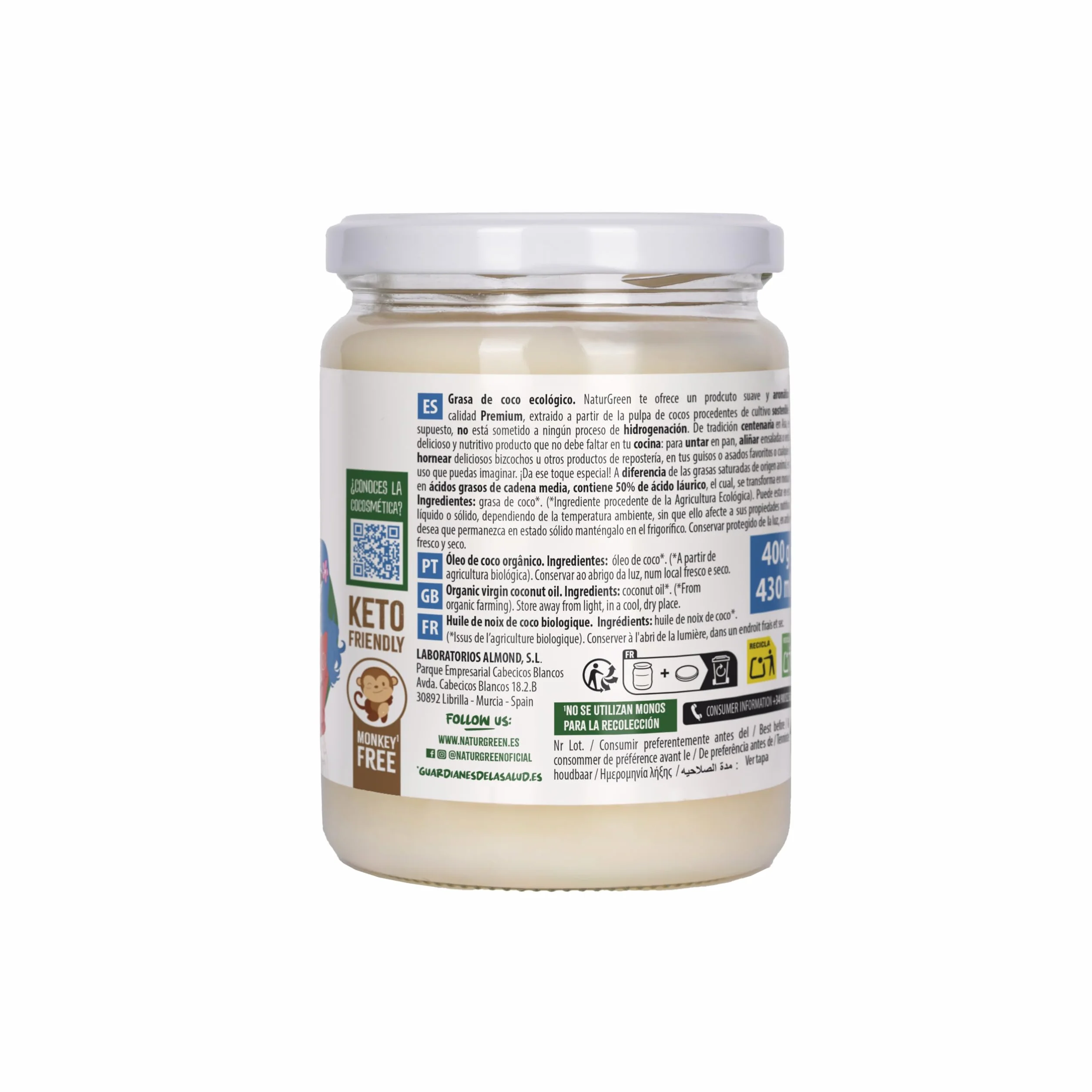 NaturGreen Grasa de Coco Ecológico 400 g 430 ml Envase Vidrio