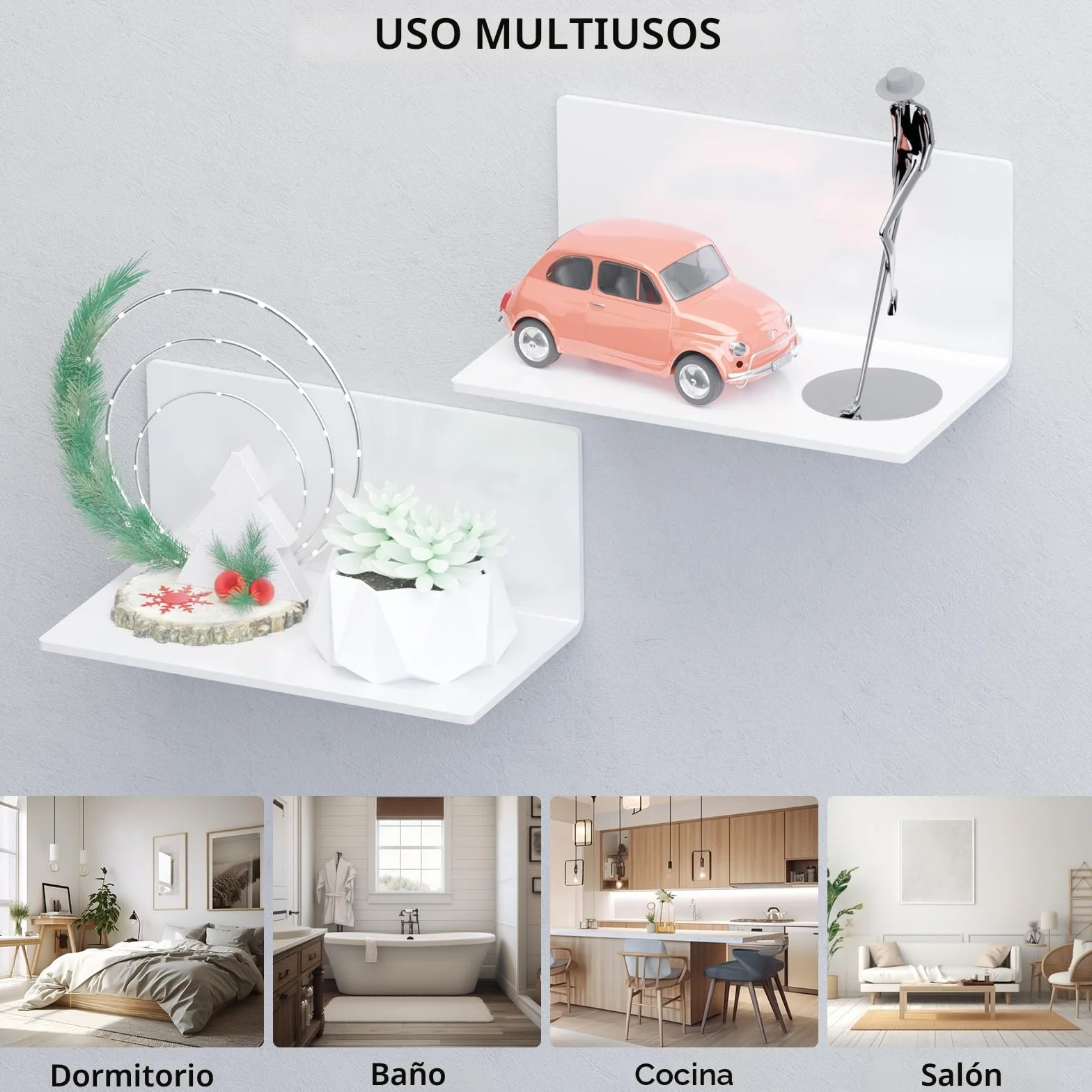 Toski Estantería de pared blanca sin taladrar estantes autoadhesivos 20 cm acrílico flotante juego 2 unidades