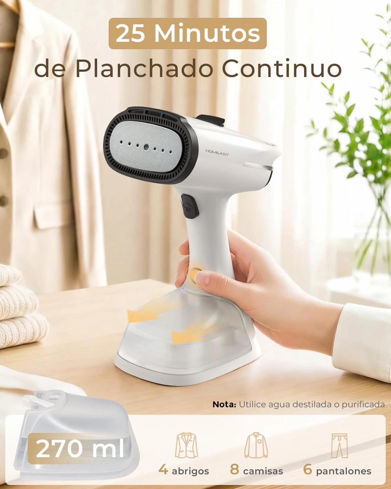 HOMEASY Plancha de Vapor Portátil con Succión 6000Pa, Calentamiento en 25 Segundos, Depósito de 270ml, 2 Niveles de Vapor, Planchado Vertical para Ropa, Camisas, Vestidos y Cortinas