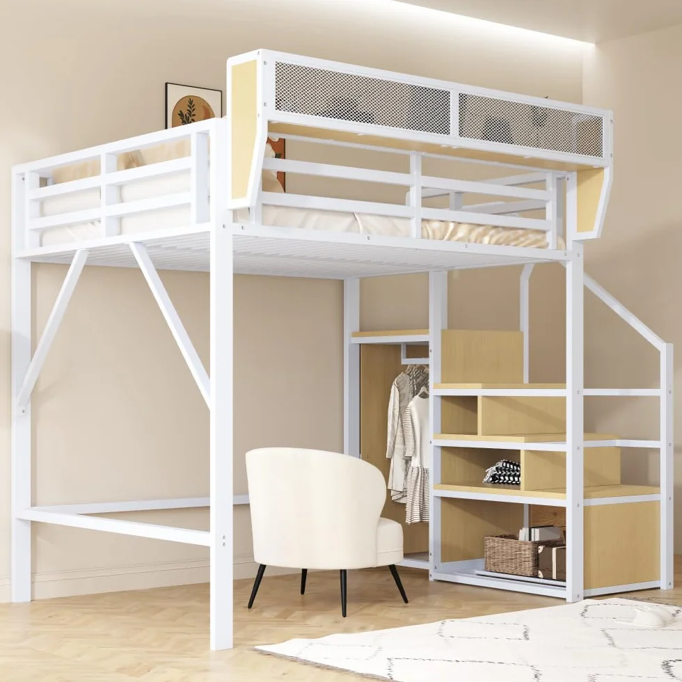 Cama alta de 140 x 200 cm con estructura de metal, cama de matrimonio de 140 x 200 cm con escalera de seguridad y compartimento contenedor flexible, cama para niños, sin colchón, color blanco