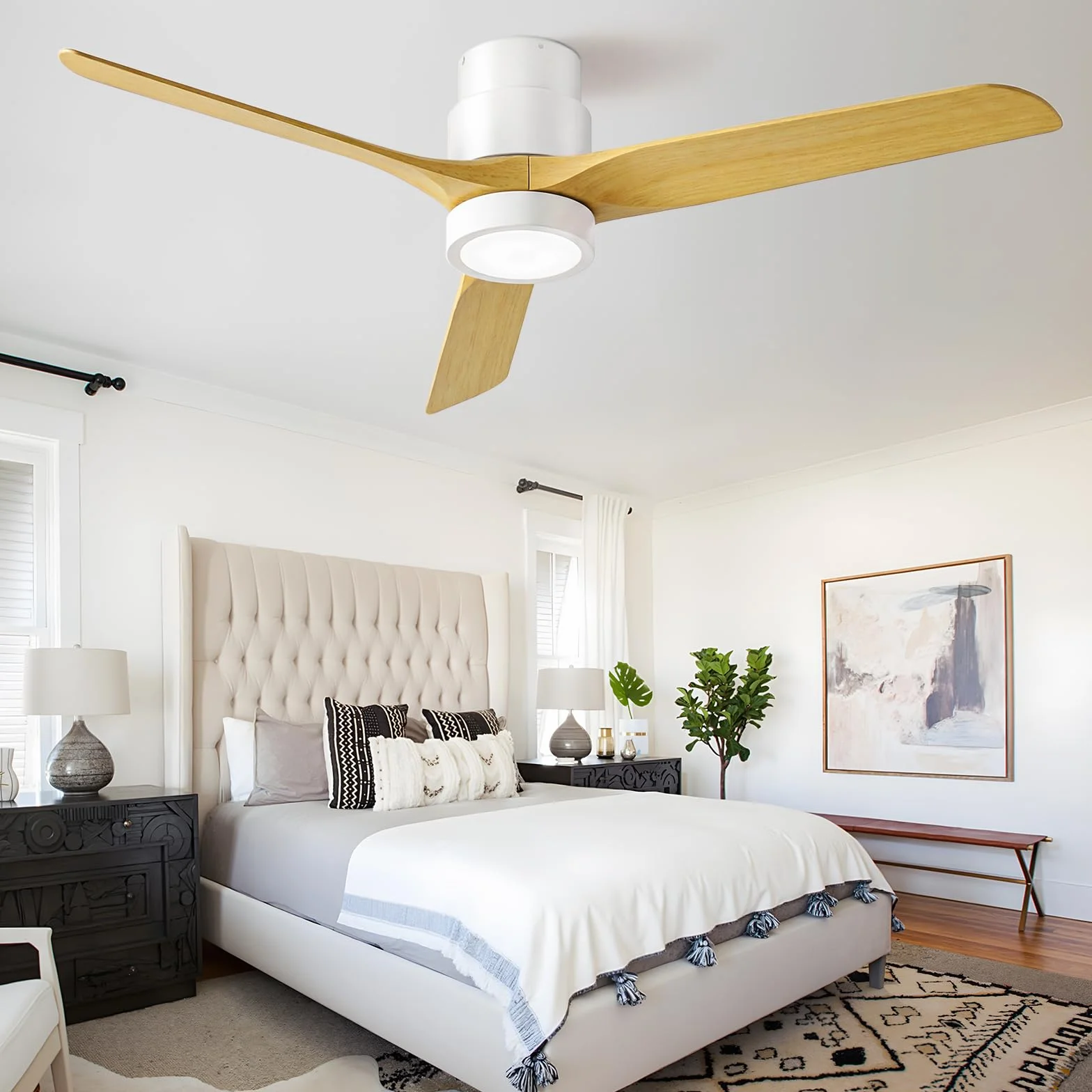 Ateroll Ventilador de Techo con Luz Silencioso, 132cm ABS Ventiladores de Techo con Luz y Mando a Distancia, Velocidades, Temporizador, Función Verano-invierno, para Dormitorio Salón Exterior Terraza