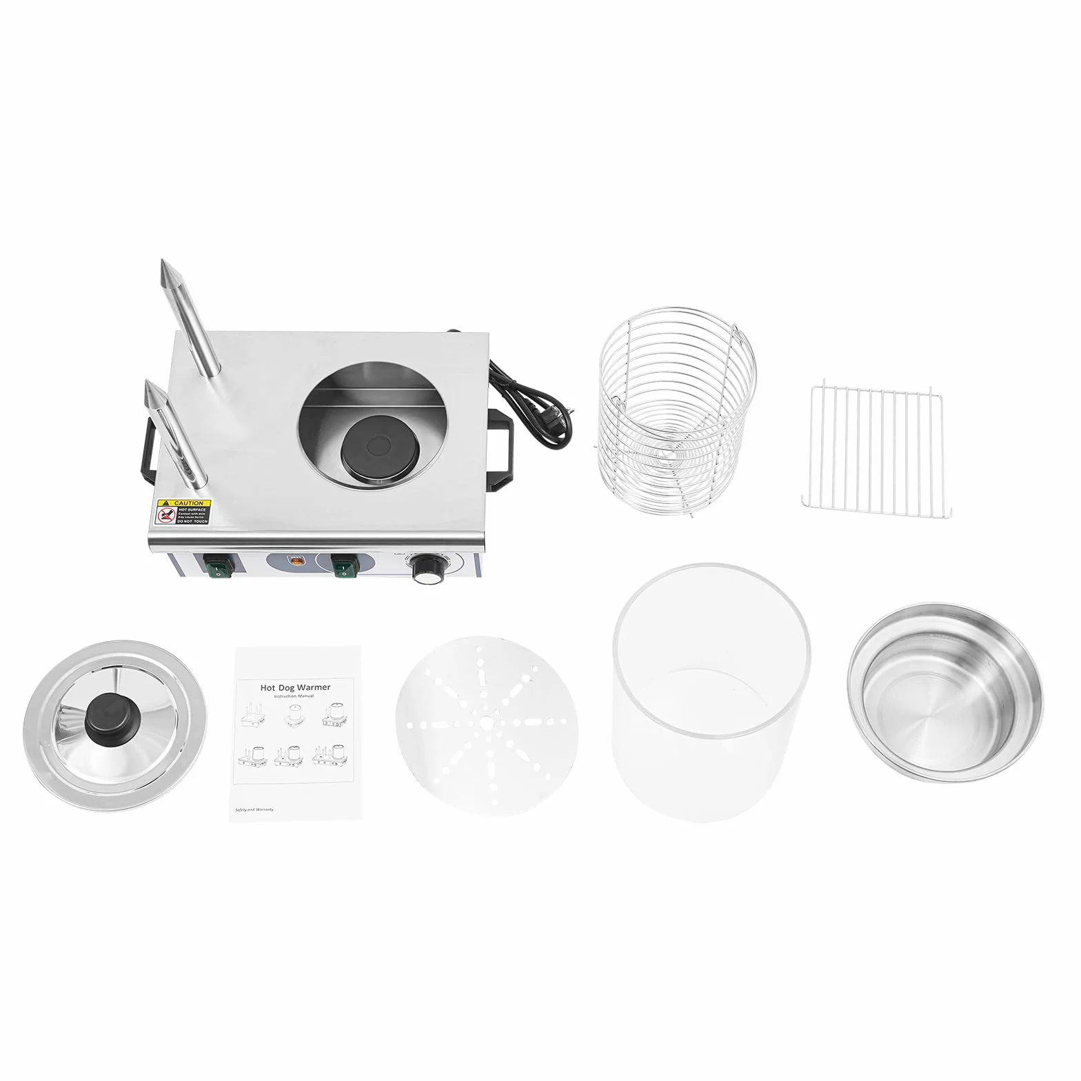Calentador de perro caliente profesional, calentador de acero inoxidable con capacidad de 6 L y 2 barras de pan, control de temperatura 50-300 °C, potencia de 550 W para comida y fiestas, 37 x 28,5 x