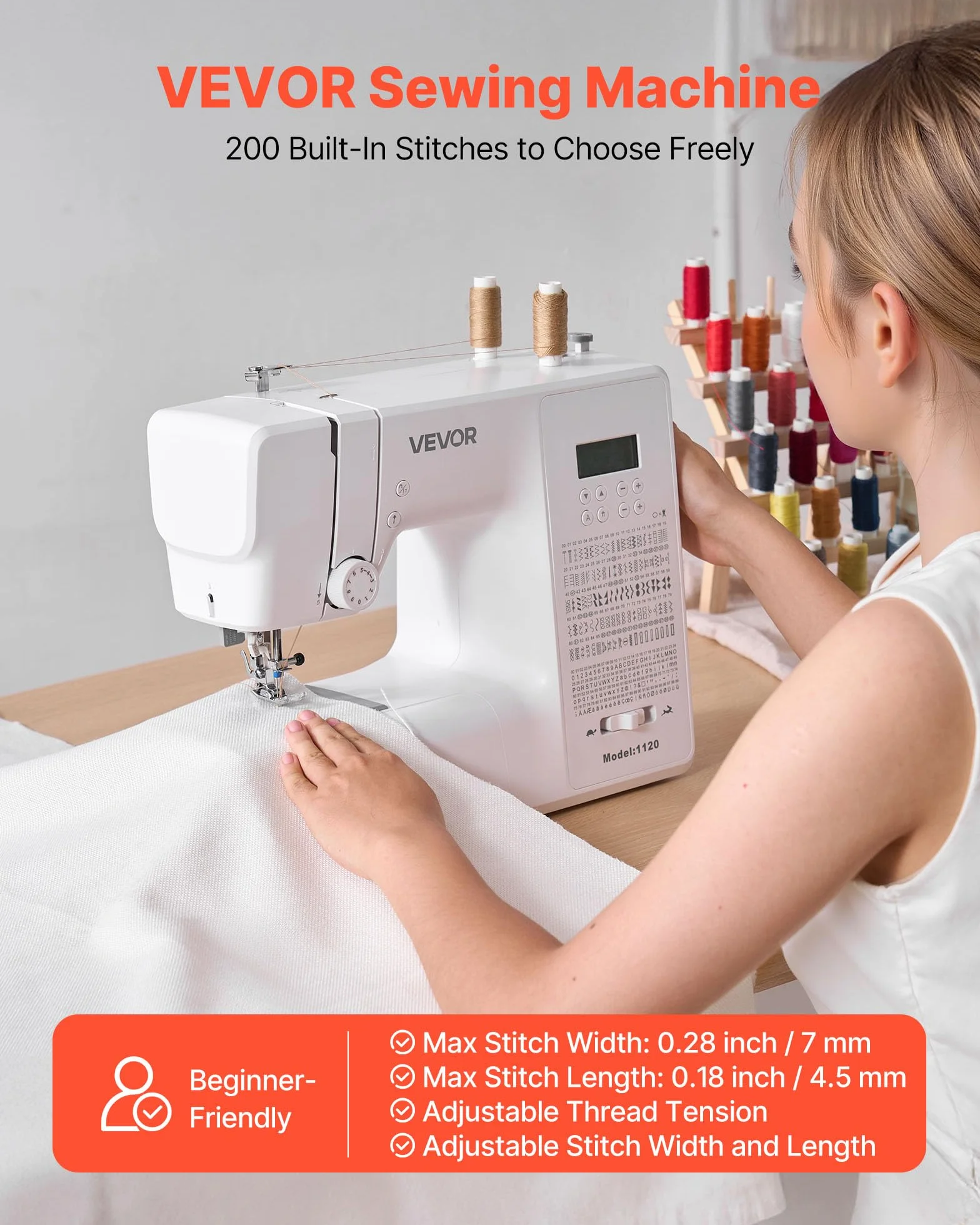 VEVOR Máquina de Coser, Máquina de Coser Digital con 200 Aplicaciones de Puntadas, Pantalla LCD, Pedal y luz LED, Estructura Metálica Resistente y Potente Motor para Manualidades, Blanco