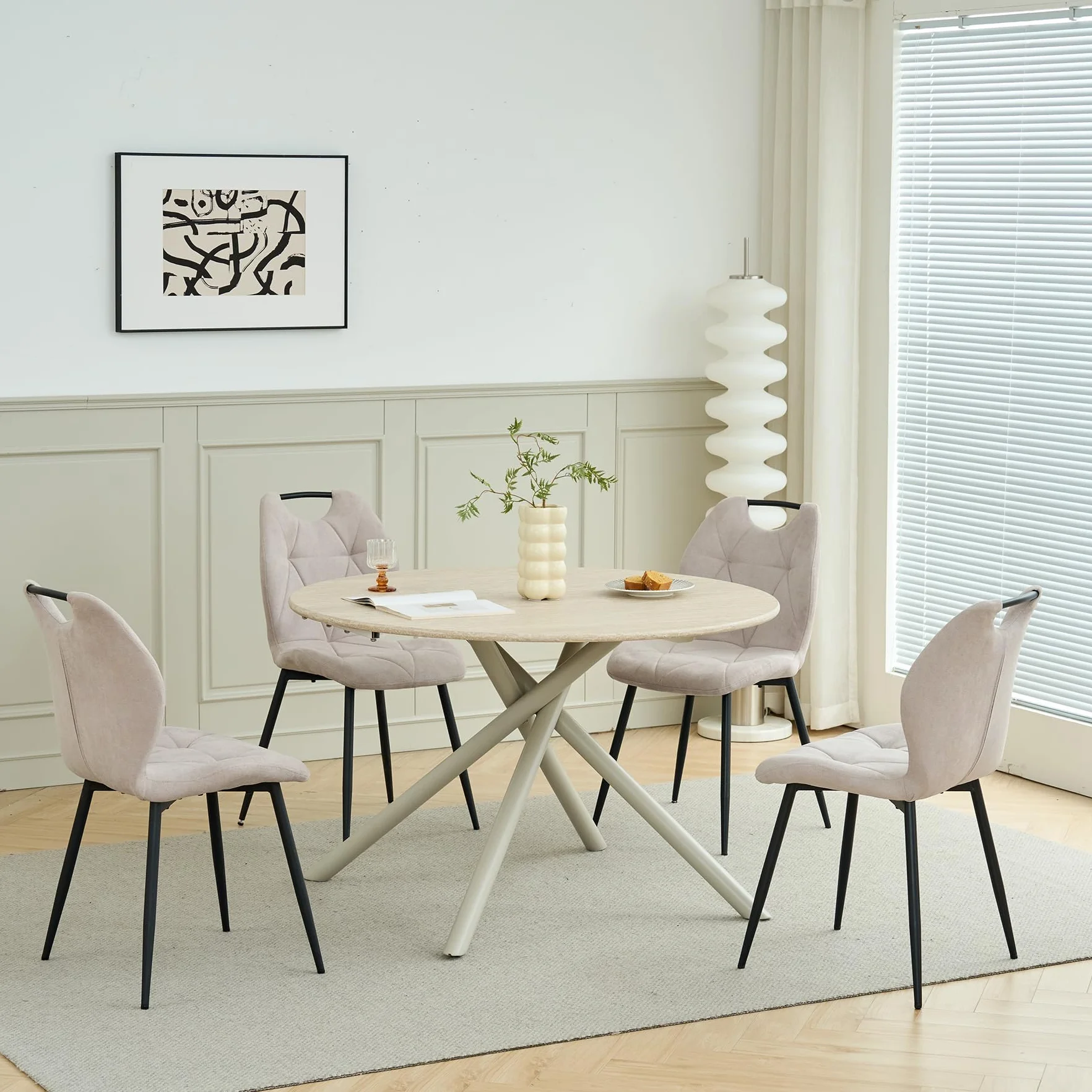 Juego de Mesa y Sillas de Comedor Mesa de Comedor Redonda de 115 cm y 4 Sillas Tapizadas en Lino, Adecuadas para Cocina, Sala de Estar y Comedor (Amarillo Claro +Beige)