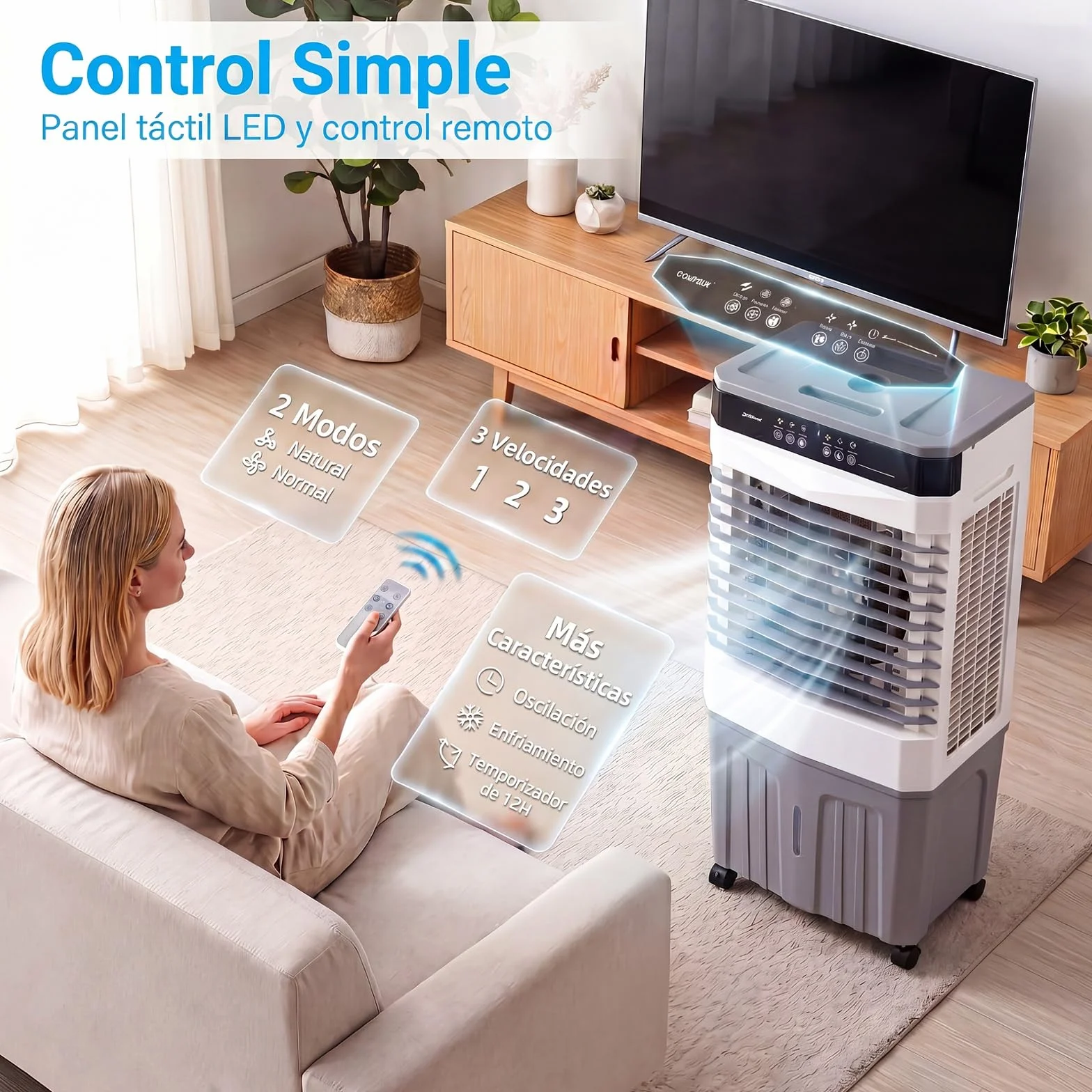 COSTWAY 3 en 1 Climatizador Evaporativo, Enfriador de Aire Portatil con 3 Velocidades, 2 Modos, 12H Temporizador, Ventilador con Ruedas, Oscilación de 70º/90° y Cubetas de Hielo (49 x 31 x 109 cm)