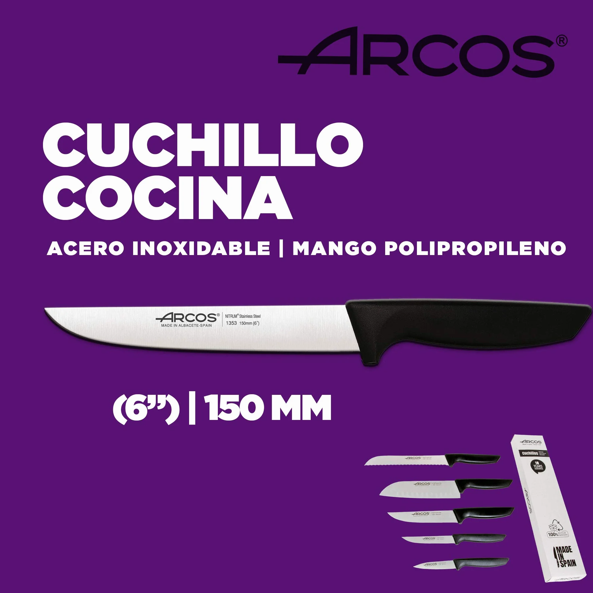 Arcos Juego Cuchillos Cocina Profesionales Acero Inoxidable Mango Negro 5 Piezas Santoku