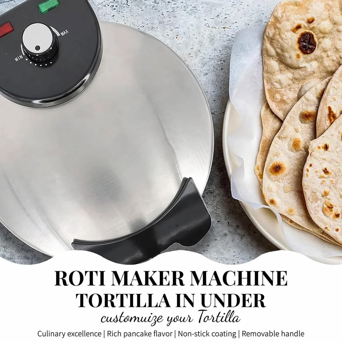 Chapati Maker eléctrico, Máquina for prensar tortillas Roti Maker de 1800 W, máquina automática antiadherente con temperatura ajustable, con placa de cocción de 10'' y calentamiento de doble cara