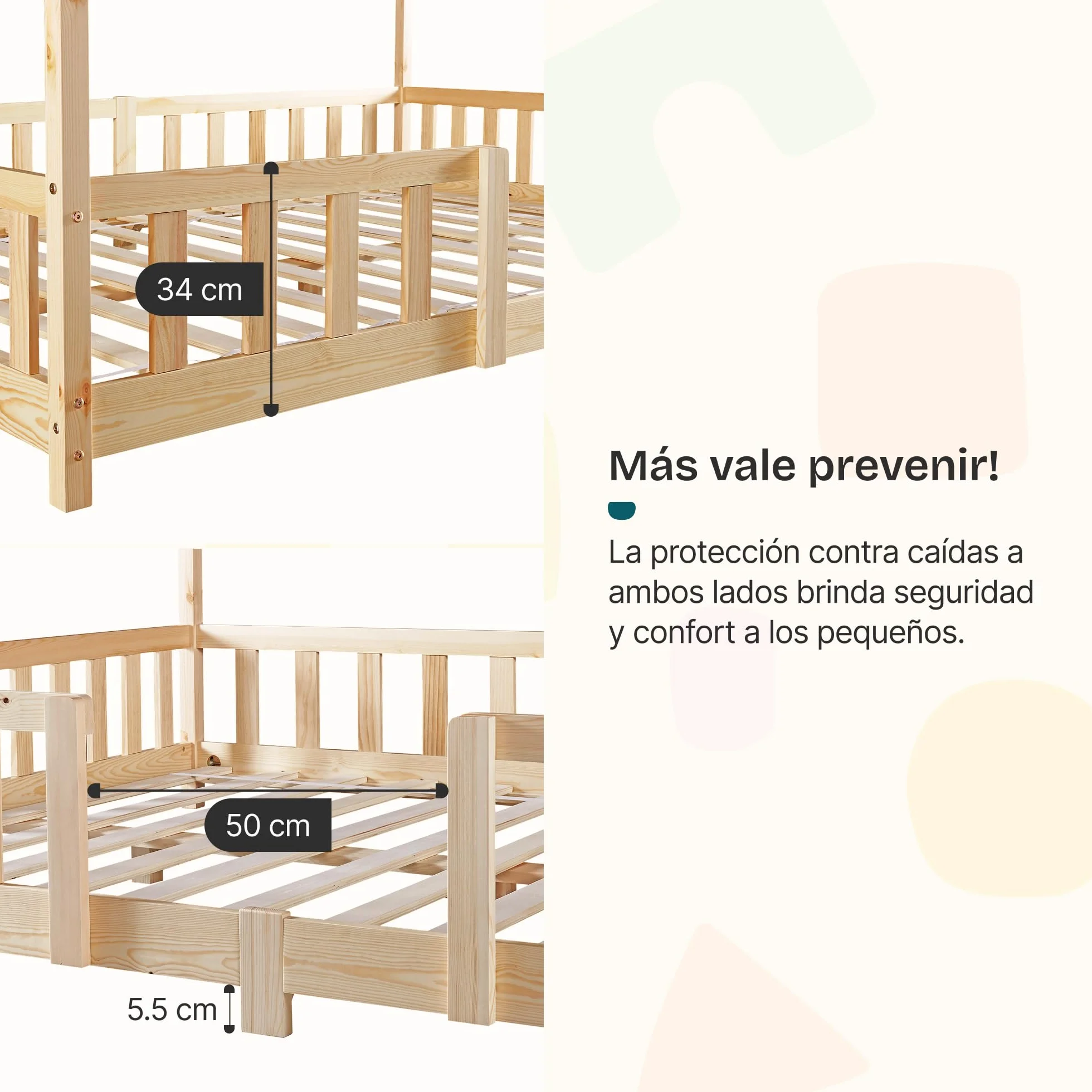 [en.casa] Cama para niños Casita Treviolo hasta 120 kg Cama Infantil con Reja Protectora Forma de casa de Madera Pino 120 x 200 cm - Pino Natural