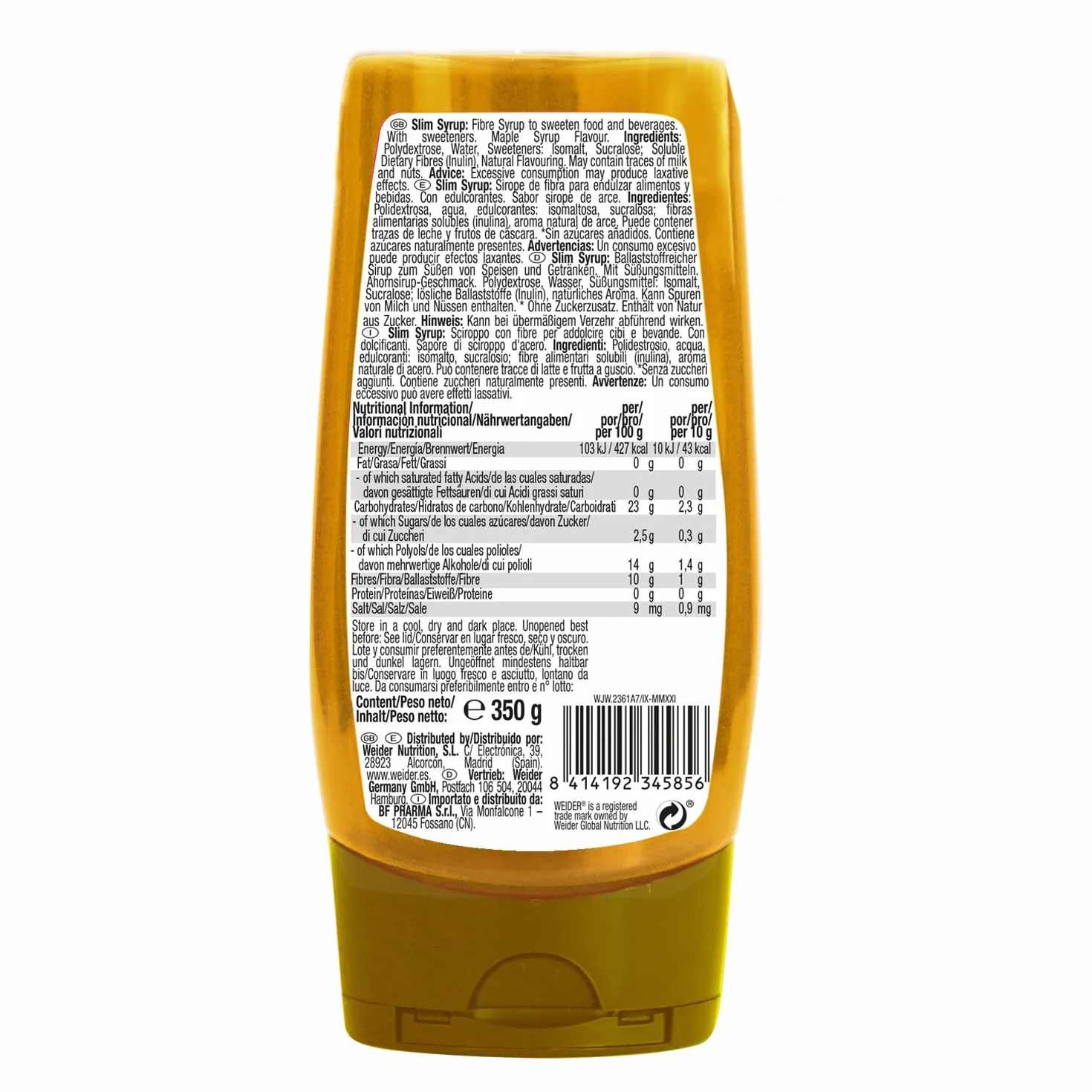 Weider Slim Syrup Maple 350g Cero Grasas Cero Azúcares Vegano Sabor Sirope de Arce