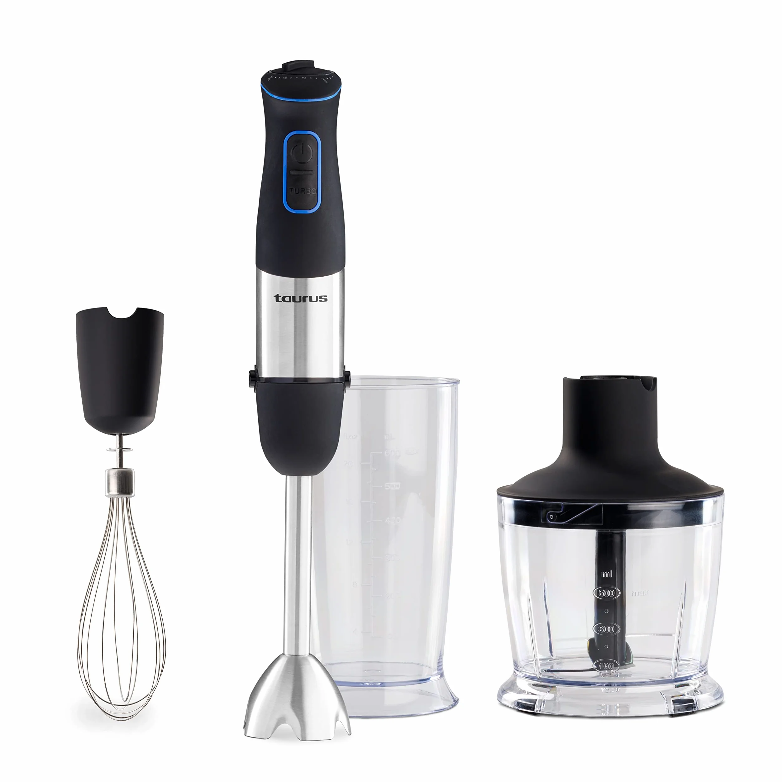 Taurus Batidora de mano con 1000W de potencia, 20 velocidades, función Turbo, diseño anti salpicaduras, cuchillas de acero inoxidable de 4 filos, accesorios picador, vaso medidor y emulsionador