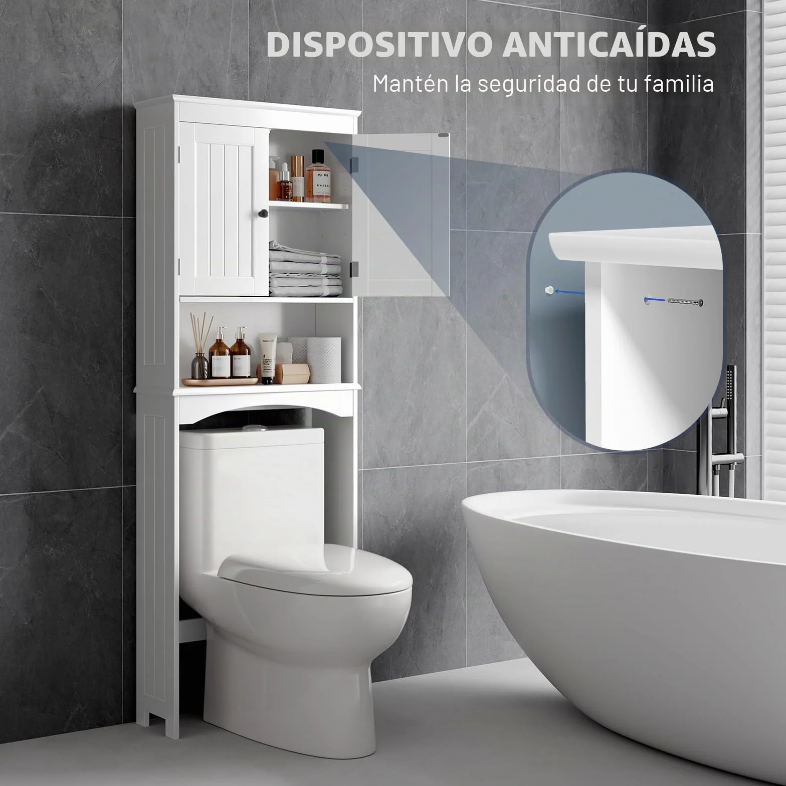 Bealife Mueble sobre Inodoro Armario Alto con 2 Puertas y Estantes Abierto 168x60x24cm