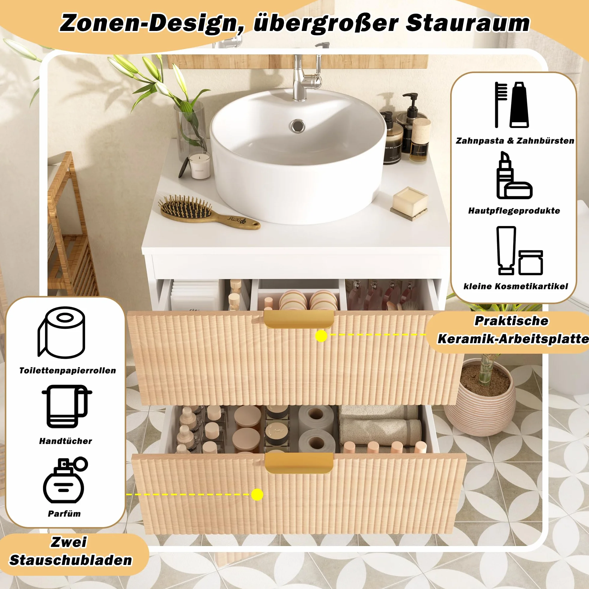 Armario de baño de 60 cm montado en la pared con lavabo de cerámica redondo, frentes de cajones con aspecto de madera con diseño de rayas simples, tablero MDF de alta calidad, gran capacidad de
