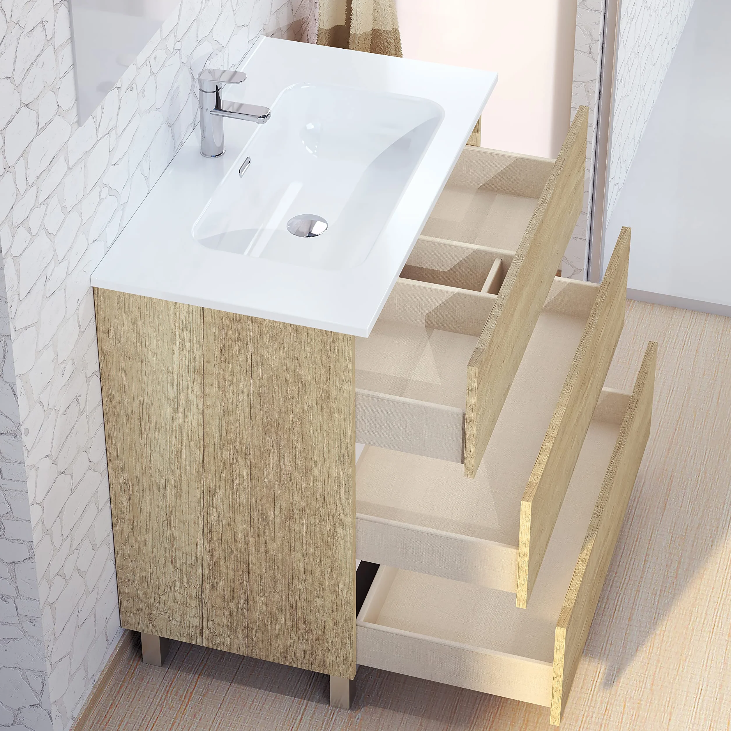 Baikal Mueble de Baño TRIX, Distribución de 3 cajones, con Patas y con Lavabo cerámico. Melamina 16mm. Distintas Medidas y Acabados Disponibles. Mueble MONTADO