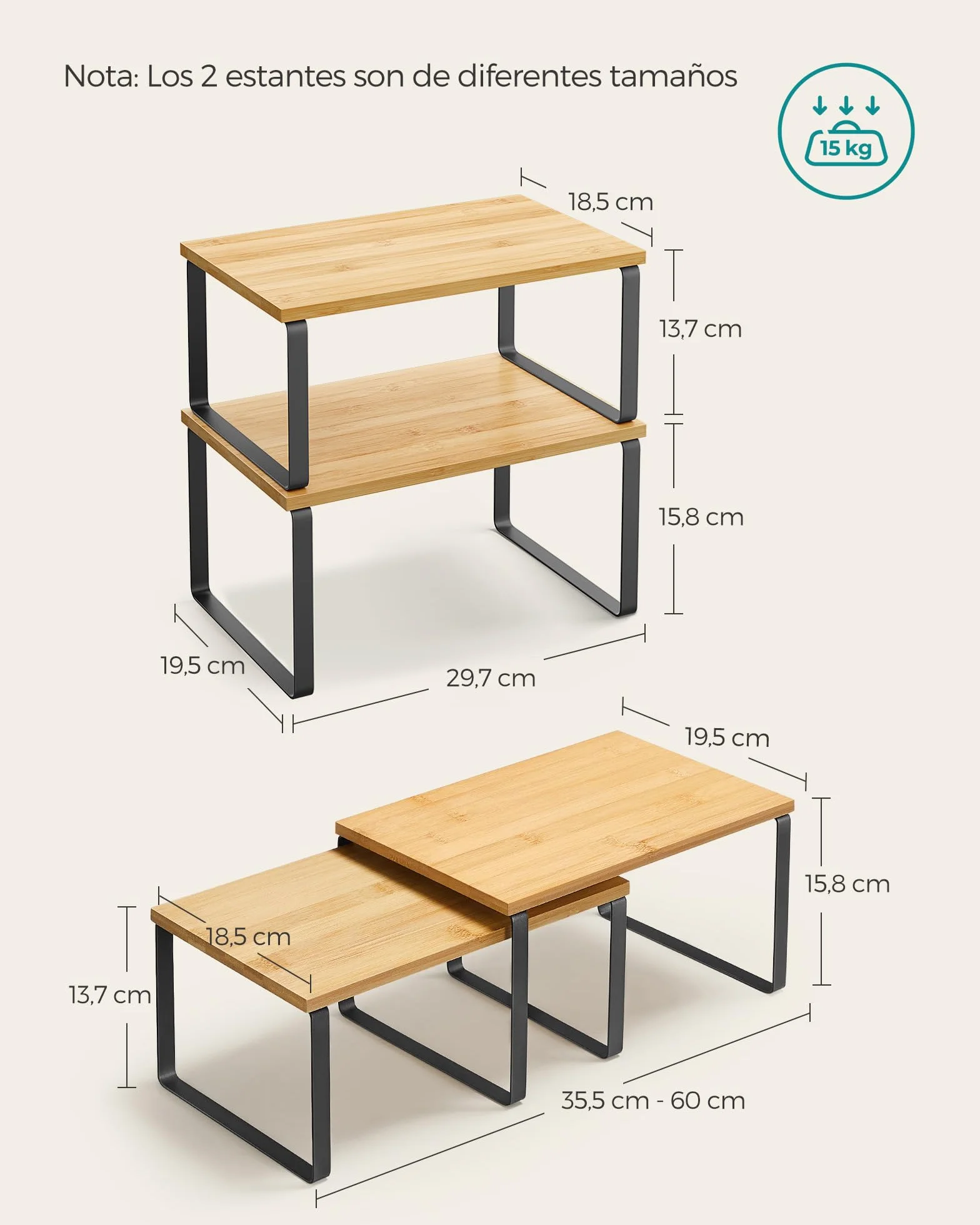 SONGMICS Estante para Especias Extensible de Metal y Madera, Juego de 2, Negro Tinta y Beige Natural KCS02NB